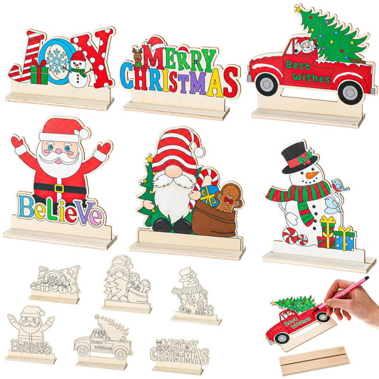 Yuntau 24 Pcs Color Your Own Christmas Table Crafts Decorations Merry Christmas DIY Paint Wooden Table Centerpiece Signs Unfinished Holiday Desktop Decor for Xmas Holiday Party Gifts Favors