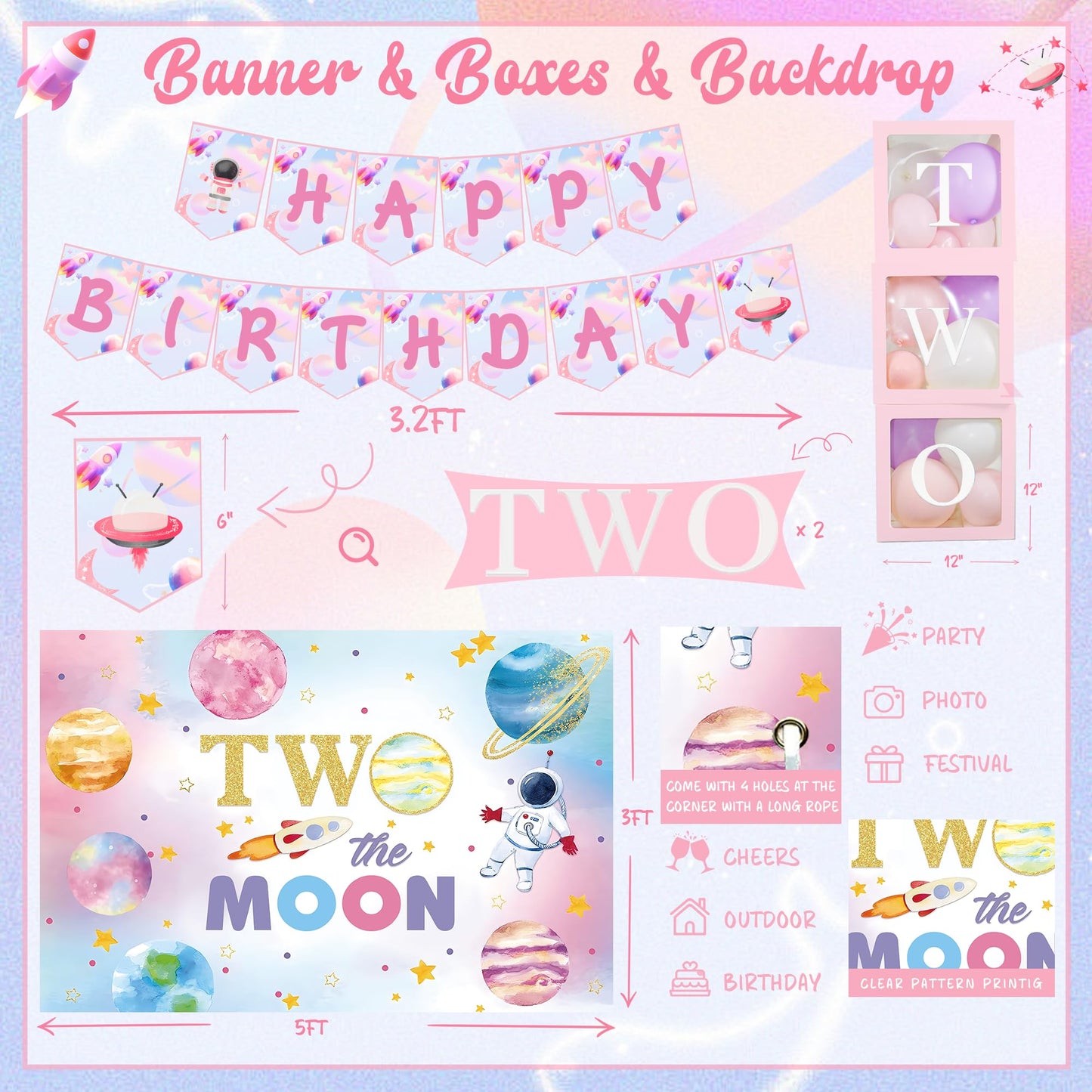 Two the Moon Birthday Decorations Girl, Outer Space 2nd Birthday Party Decorations, Two the Moon Backdrop Cake Cupcake Topper Balloon Garland Two Years Old Girl Party Supplies Kit Moon Themed for Girl
