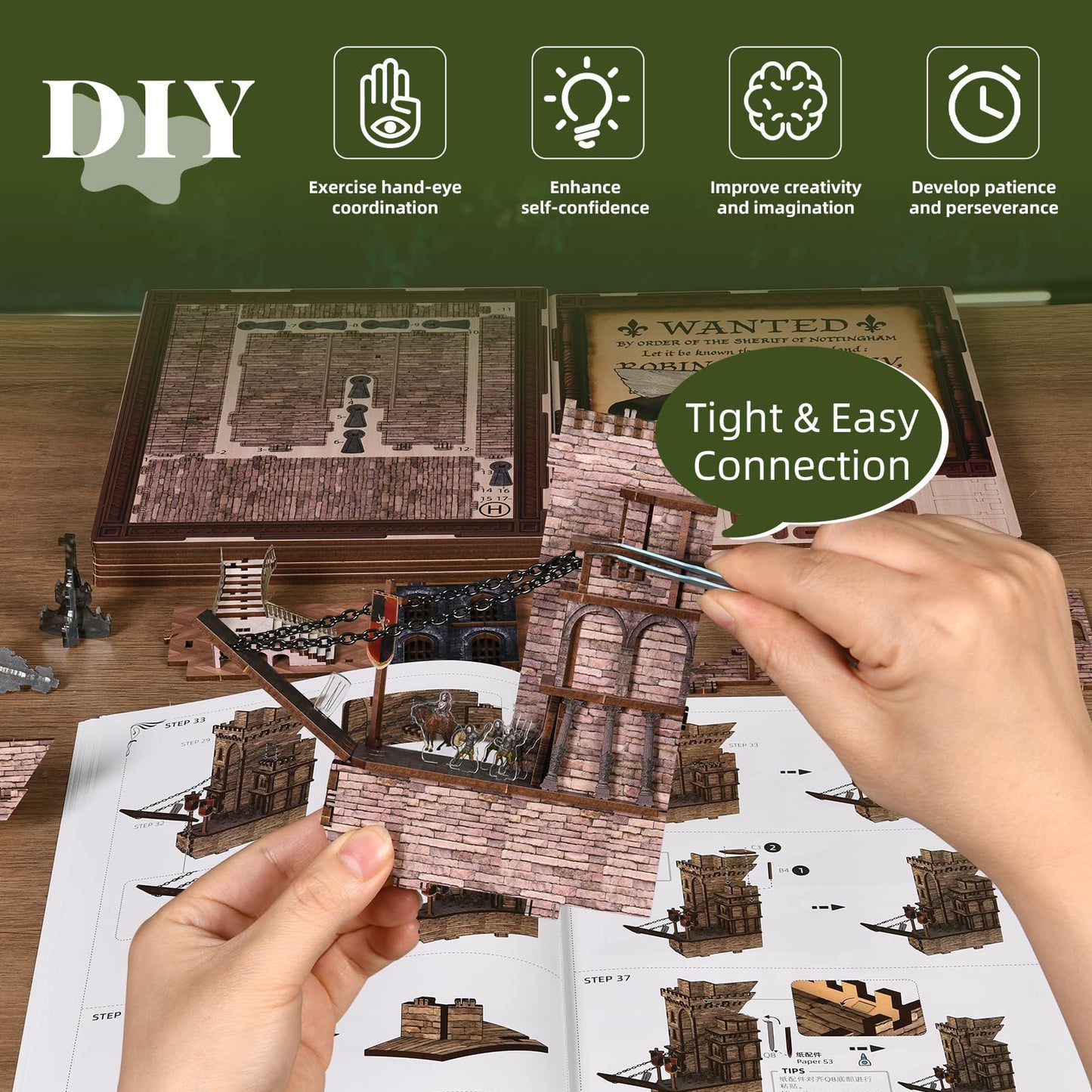 MiniCity DIY Book Nook Kit - Easy DIY Wooden Miniature Kit with LED Lights, Tools & Dustcover for 15+ (Robin Hood)