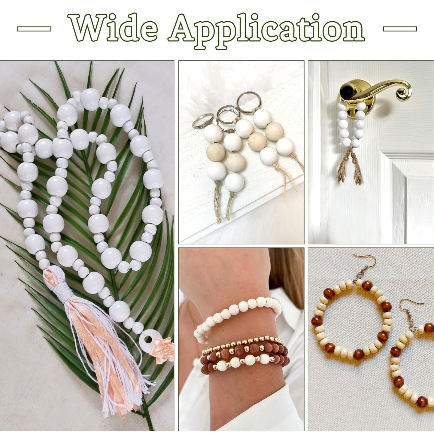 Pandahall 555 Pcs White Wooden Beads - 5 Sizes, Natural Wood Round Bead, Painted Wood, Large Hole, Wooden Spacer, Smooth for Farmhouse Garland, Craft Decor, Jewelry Making