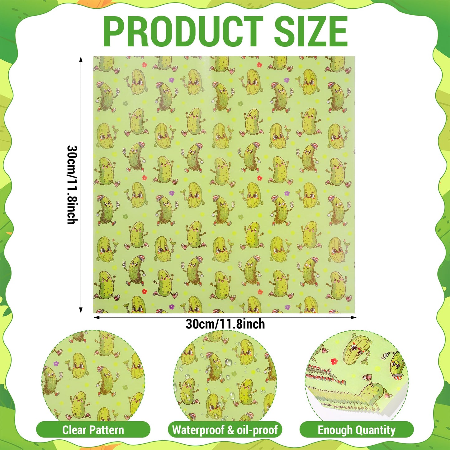 Pineraap 100Pcs Pickle Wax Paper - Funny Green Pickles Deli Food Paper, Green Pickle Parchment Oil Proof Food Basket Liners Wax Sheets for Snack, Sandwich, Food Baking, Picnic Dessert, 11.8” x 11.8”