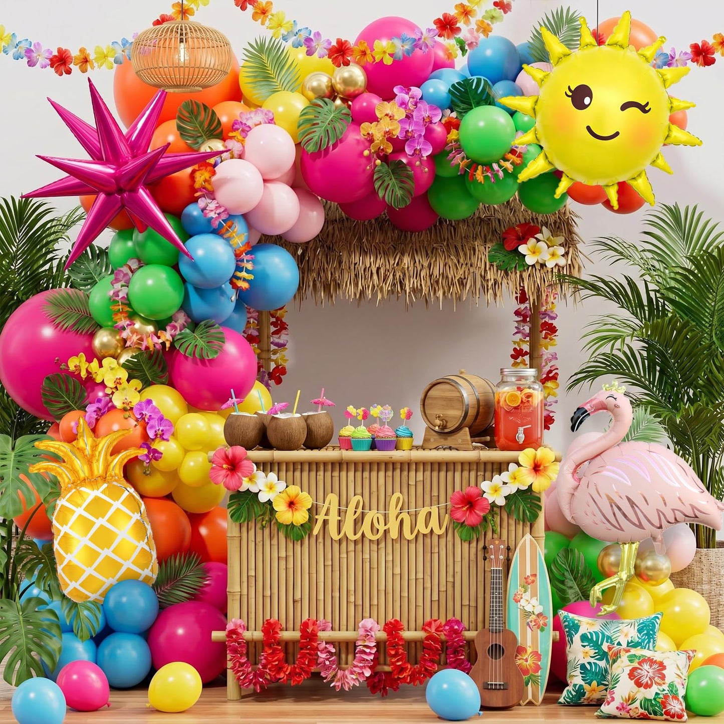 Flamingo Tropical Luau Balloon Arch Garland Kit, Hot Pink Green Yellow Blue Orange Gold Hawaiian Flamingo Pineapple Foil Balloons, Palm Leaves for Summer Beach Aloha Pool Birthday Party Decorations