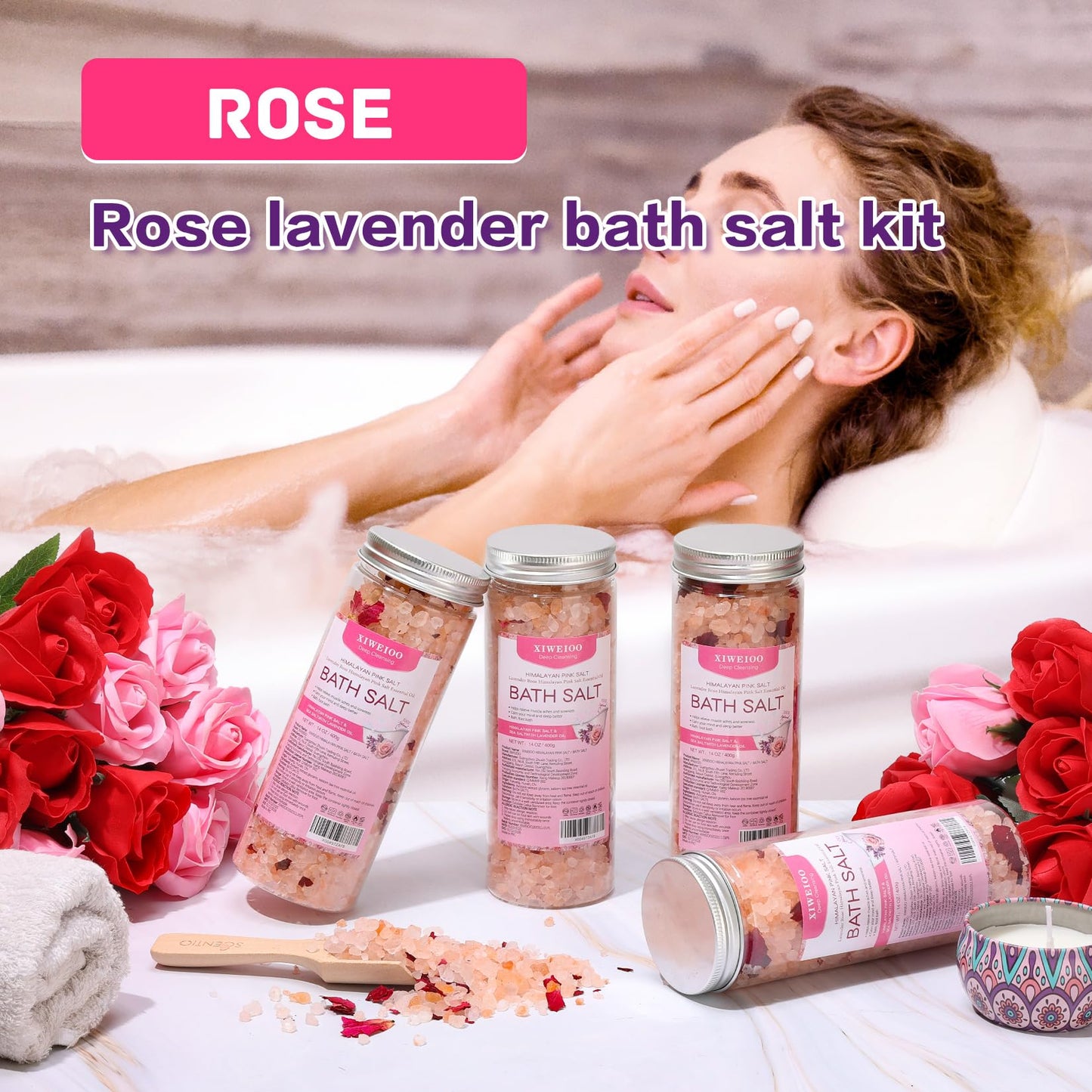 XIWEIOO Bath Salts Set -56 oz, Pack of 4 Natural Epsom Salt for Soaking Rose Salts kit - Essential Oils Relaxes and Better Sleep Himalayan Pink Salt Foot Soak Tea Tree Oil for Women