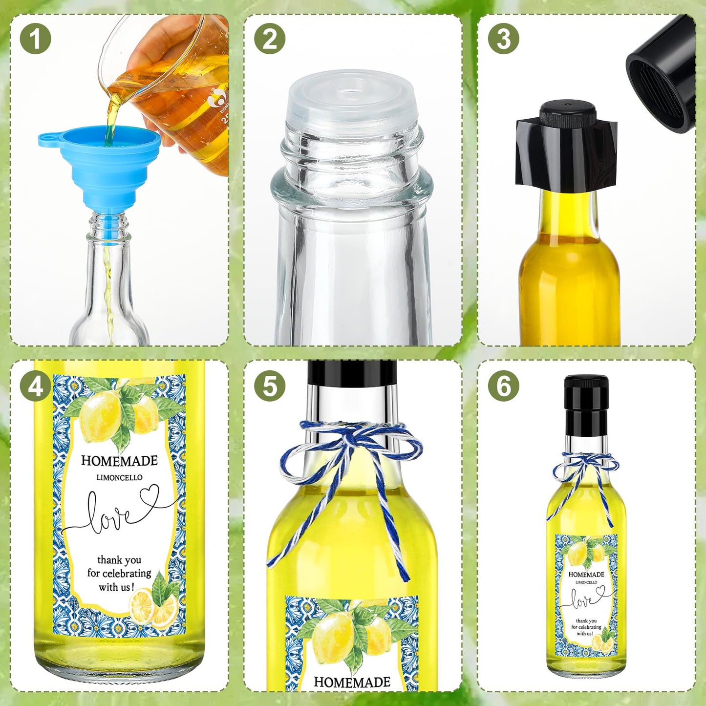 Reallnaive 30 Sets 5 oz Mini Limoncello Glass Bottles with Italian Lemon Stickers Lids and Funnel Capri Lemon Party Favors for Homemade Brewing Beverages Amalfi Coast Wedding Holiday DIY Craft