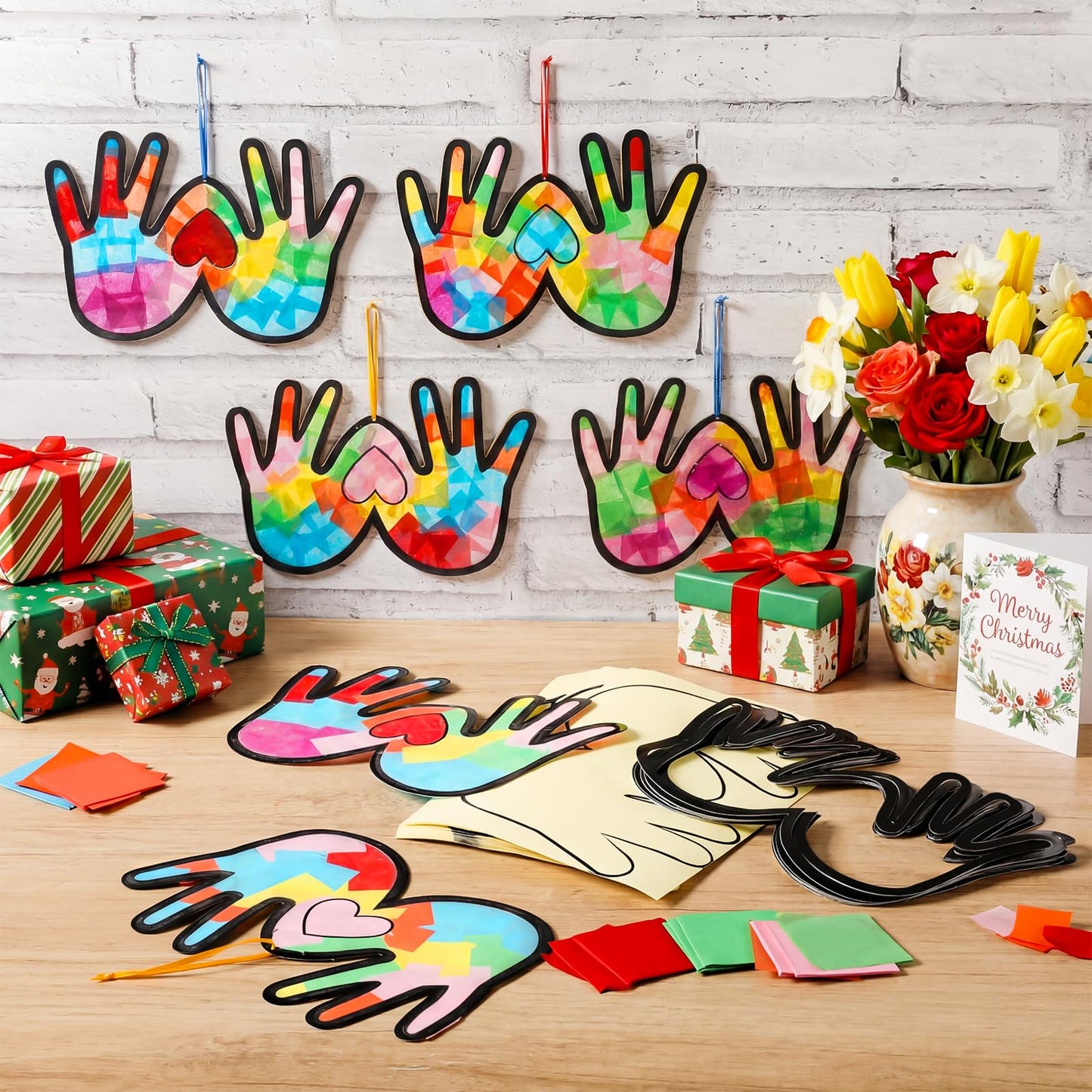 Yaomiao 30 Set Mother's Day Suncatcher Crafts, DIY Heart Handprint Stained Glass Style Gift Kit for Mother's Day Party Supplies, Family Activity, Suitable for Home, Window, Door Decorations