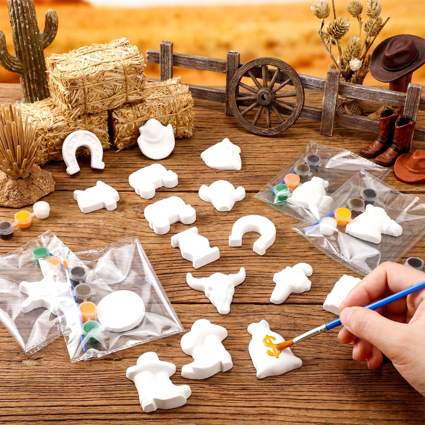 Simgoing 20 Set Cowboy Ceramics to Paint Ready to Paint Your Own Ceramic Cowboy DIY Western Paintable Statues Craft with Brush Palette for Adult Western Table Centerpieces Decorations