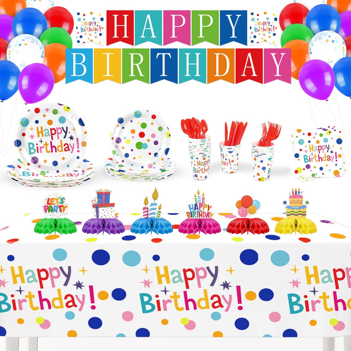 Happy Birthday Decorations – 226pcs Colorful Polka Dots Birthday Party Supplies Set with Plates, Napkins, Cups, Tablecloth, Banner, Balloons & Honeycomb Centerpieces, Serves 25