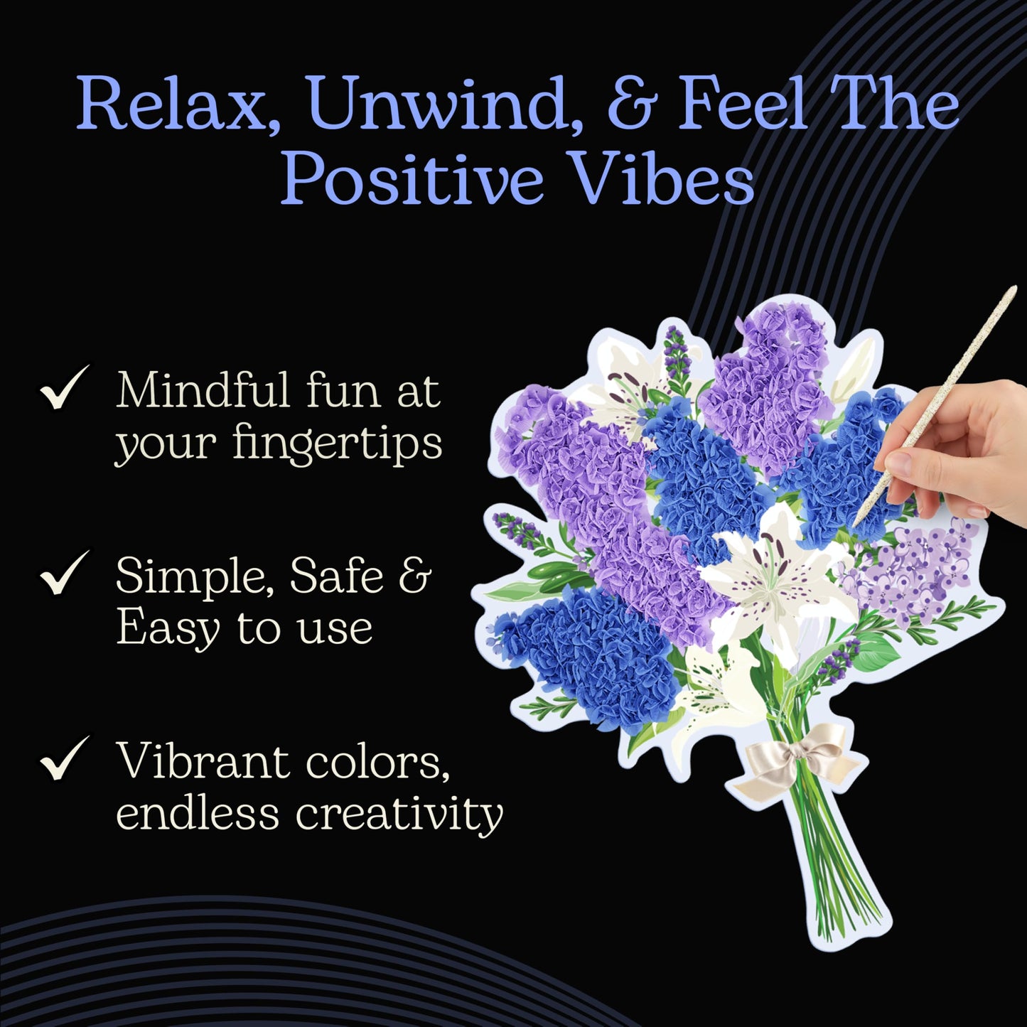 Unwynd Poke Art Lavender Flower Bouquet | Mess-Free Arts and Crafts for Adults | Teen Craft Kits, Mother's Day Flowers Gift | Gifts for Mother, Women and Men