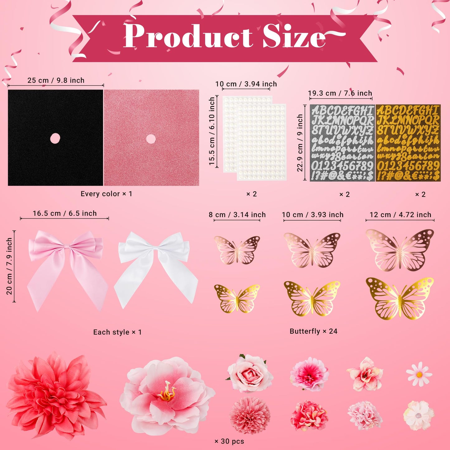 68 Pcs Pink DIY Graduation Cap Decorations Accessory Kit 3D Artificial Flowers Pink White Bows Butterfly Glitter Alphabet Number Pearl Stickers for DIY Hat Grad Cap Topper Graduation Party Supplies