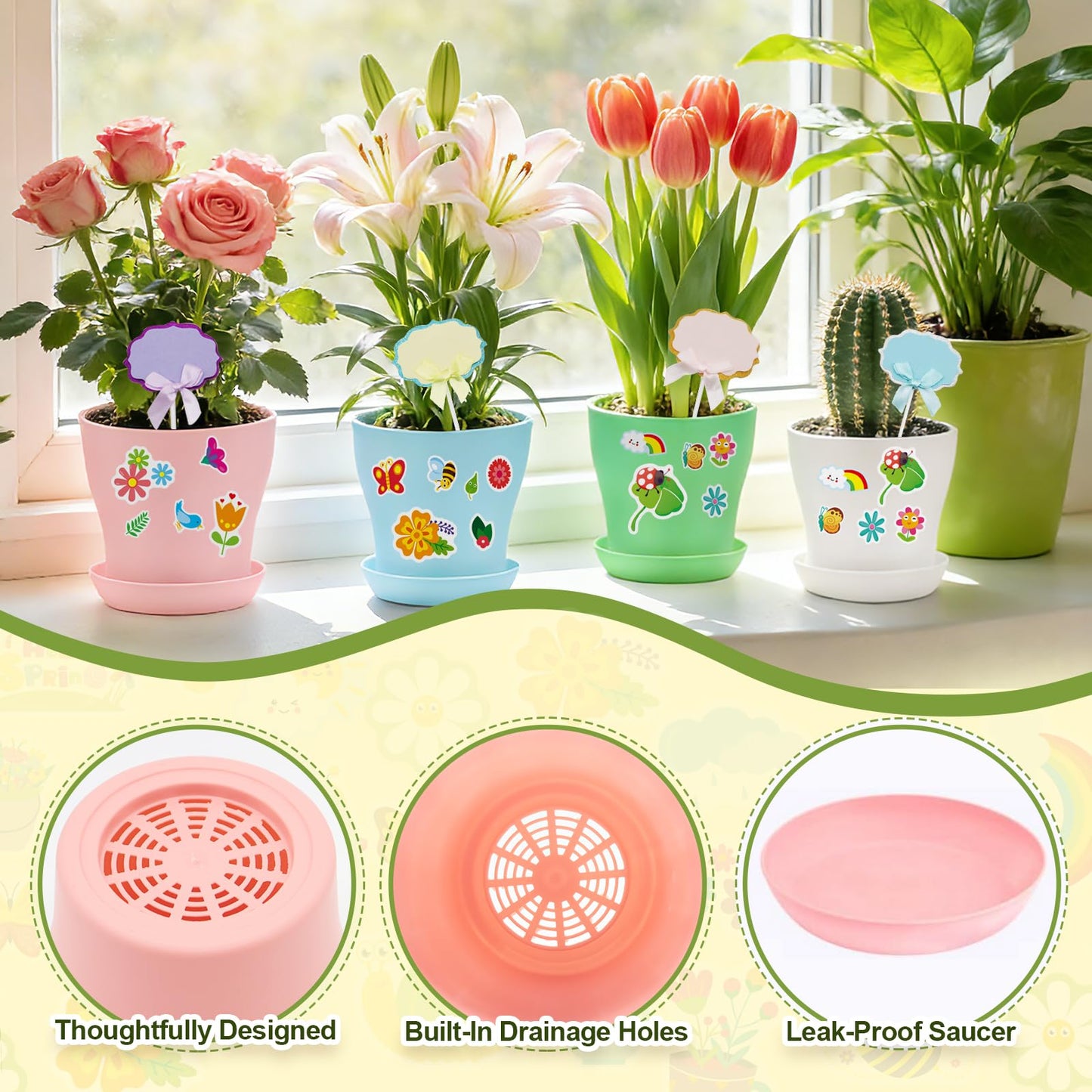 Adboros Garden Paper Pot Craft Kit, 36 Durable Resin Garden Pot with Tray Drainage Holes Adhesive Stickers and 40 Colorful Writable Cards, Flower Plant Spring Craft for Classroom DIY Flower Planting