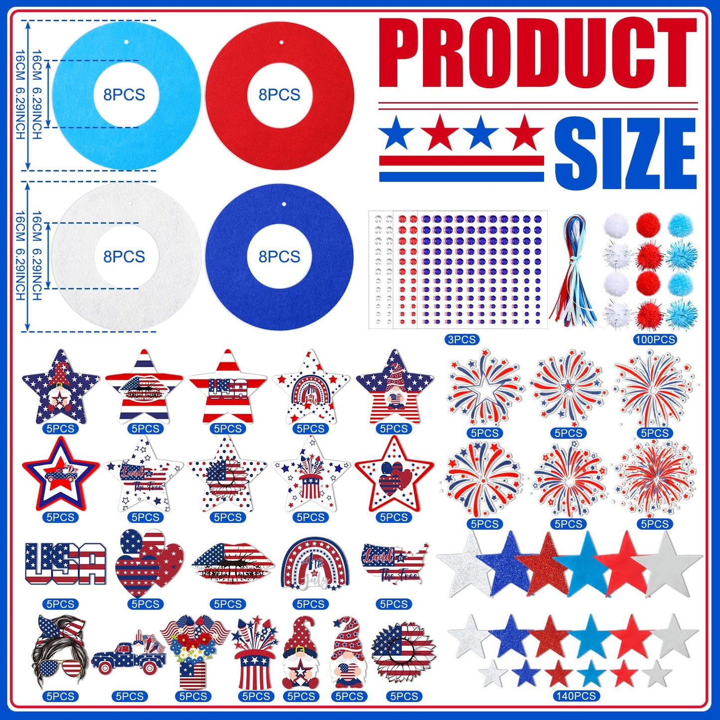 SmoothNovelty 405 Pcs 4th of July DIY Craft Kits Memorial Day Crafts Wreaths Patriotic Wreath Kits 32 Pcs Foam Wreath with 373 Patriotic Stickers for 250th Anniversary Independence Day Party Supplies