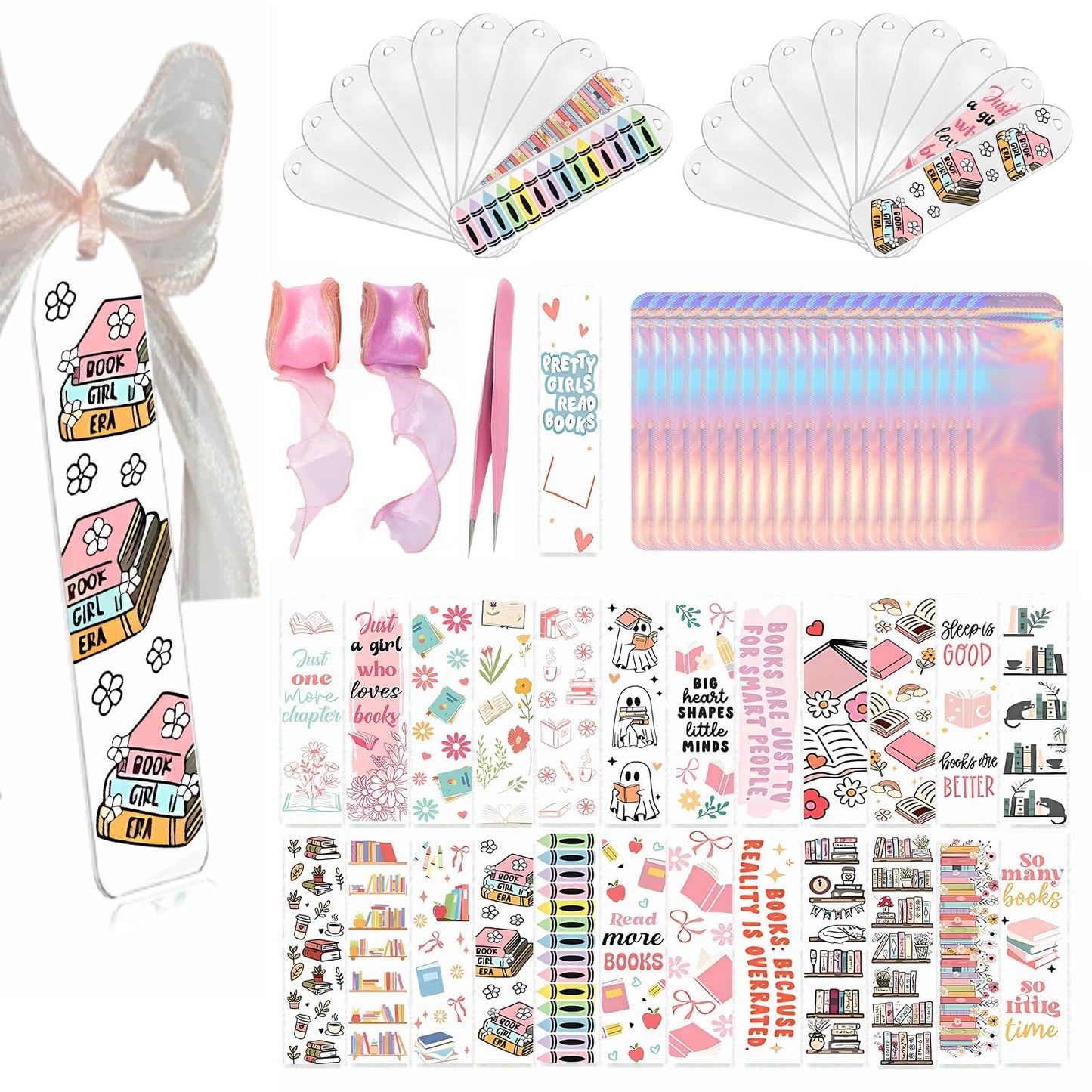 Qrhky 86PCS Acrylic Bookmark Blanks Kit, 20PCS Blank Bookmarks with 25PCS Book Lover UV DTF Sticker, 20PCS Ribbon, 20 Holographic Bags, 1PCS Tweezers, Clear Bookmark Kit for DIY and Gifts