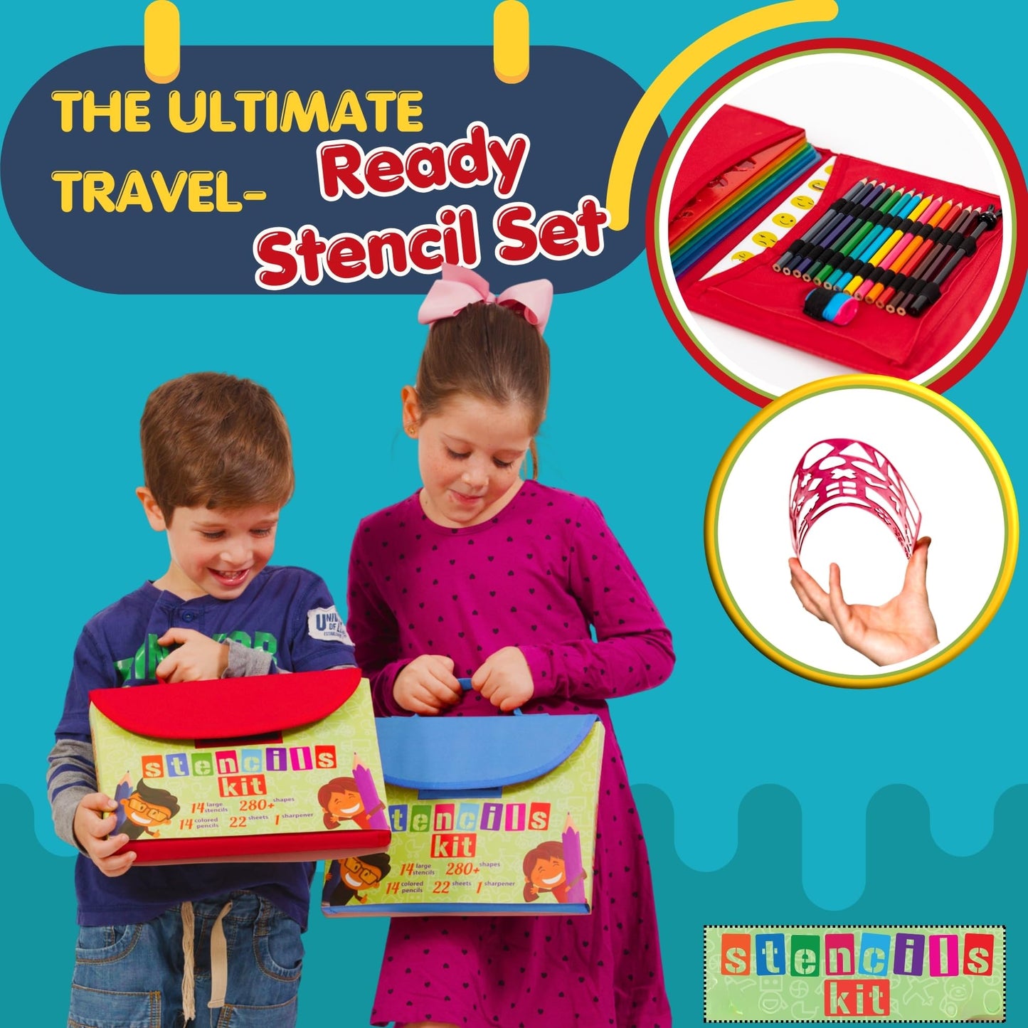 Drawing Stencils Set for Kids (55 Piece) - Arts and Crafts Set for Girls & Boys - Christmas & Birthday Gifts for Kids 4 5 6 7 8 9+ Year Old - Ideal Creativity Kit & Travel Activity with 300+ Shapes