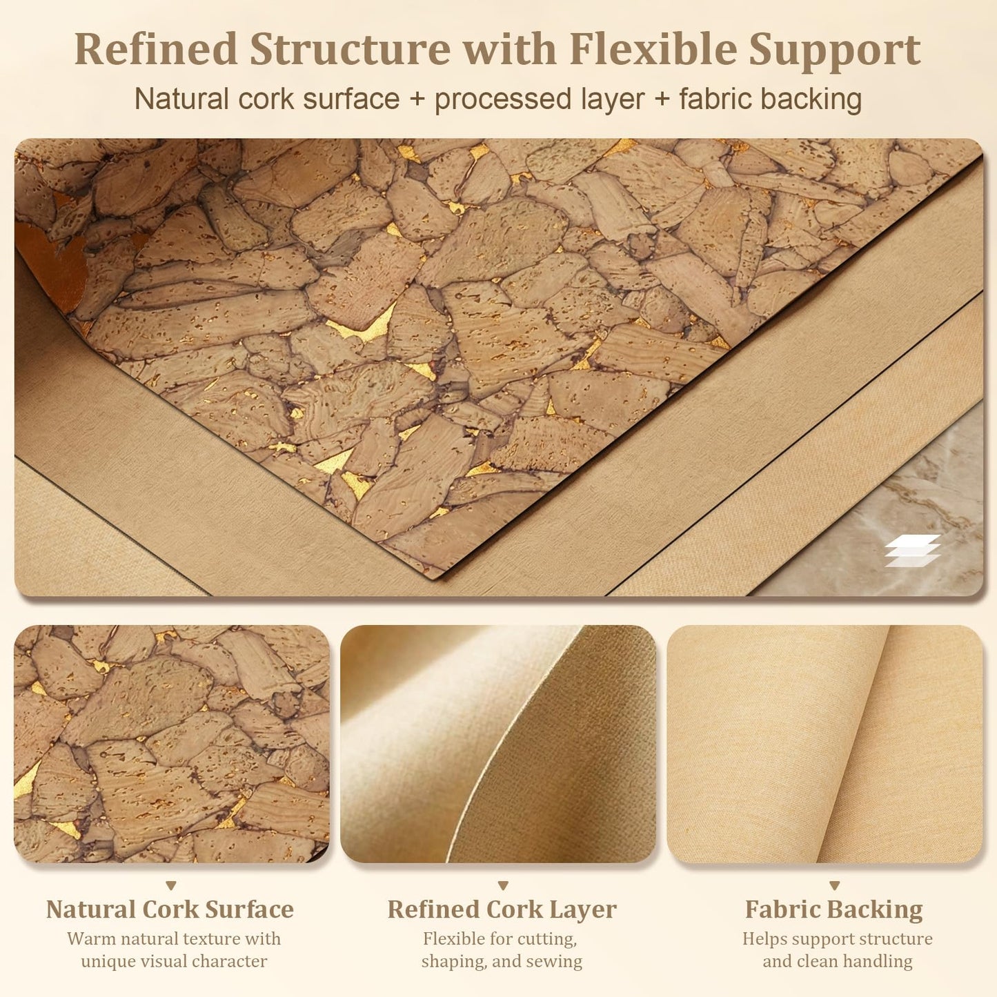 TINAFEITEM Mosaic Texture Cork Fabric Roll by the Yard, Soft Flexible Cork Fabric for Sewing and DIY Crafts, Easy Cut Material for Bags, Wallets, Home Decor and Accessories, 12.8 x 54 Inches