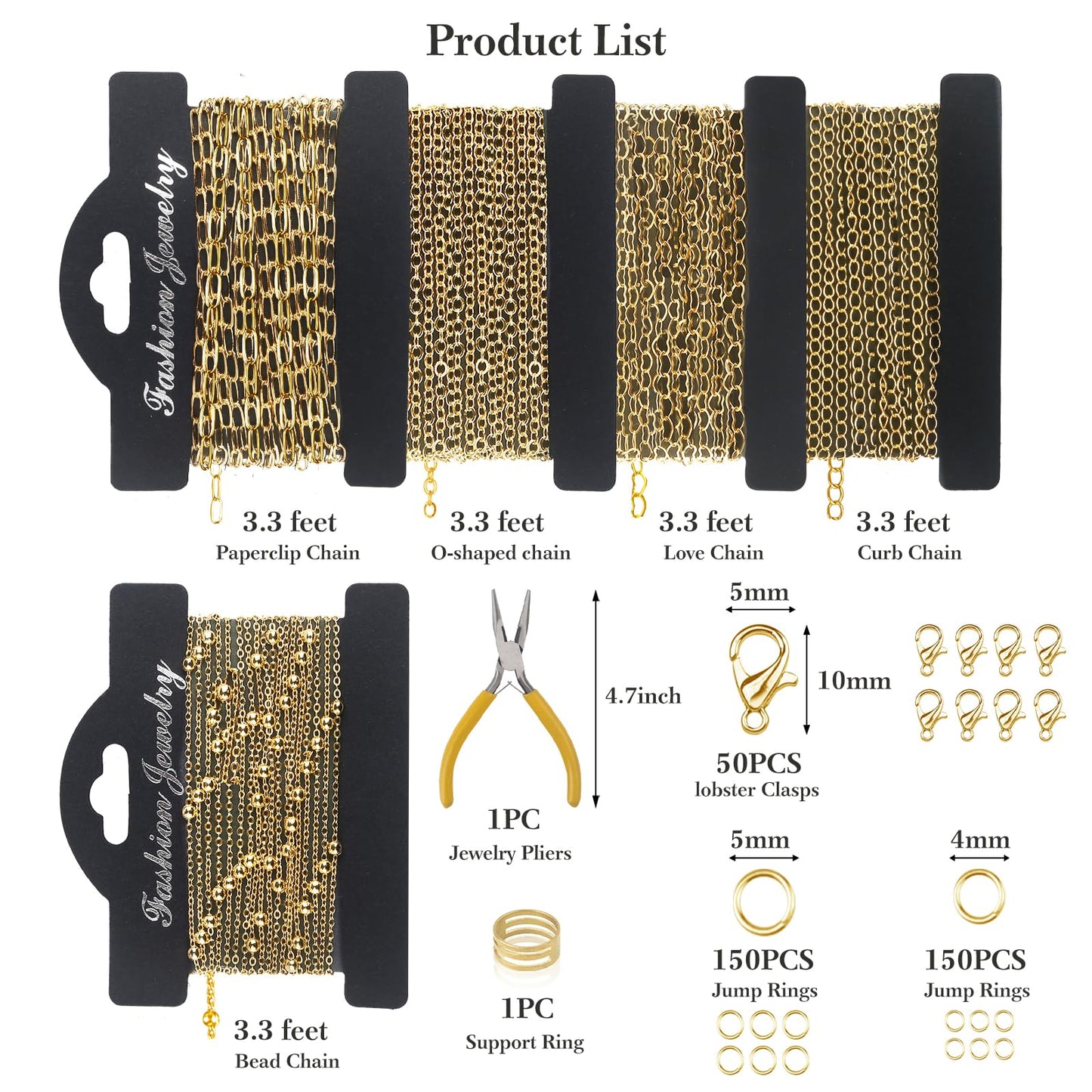 Ecoofor 14k Gold Necklace Chain for Jewelry Making, 16.6 Feet Total (5 Rolls) DIY Bracelet Chains with 300 Jump Rings, 50 Lobster Clasps, 1 Jewelry Pliers,1 Support Ring and 50 Pendants