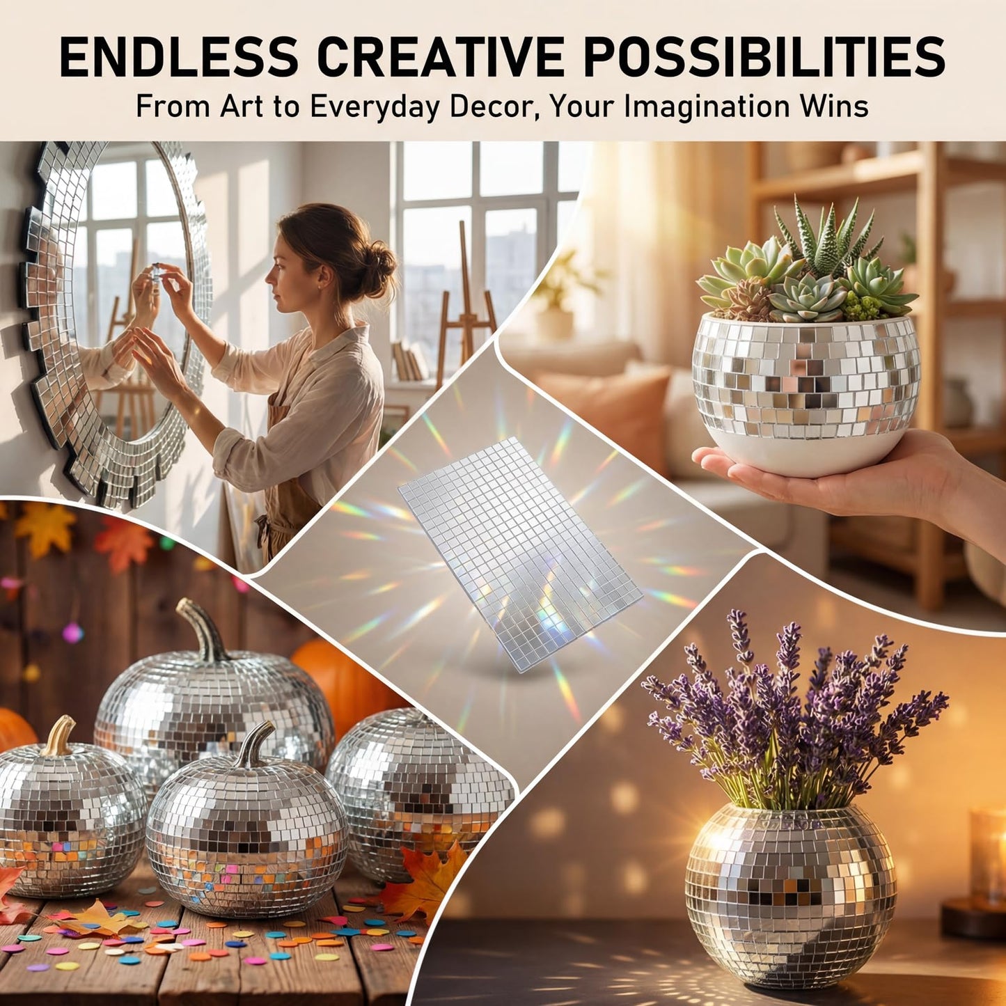 Yuanan 12000 PCS Disco Ball Mirror Tiles, 5×5 mm Self Adhesive Mirror Mosaic Tiles Bulk Glass Mosaic Stickers Extra Sticky for DIY Crafts, Flower Pots, Glassware, Cups, Party and Home