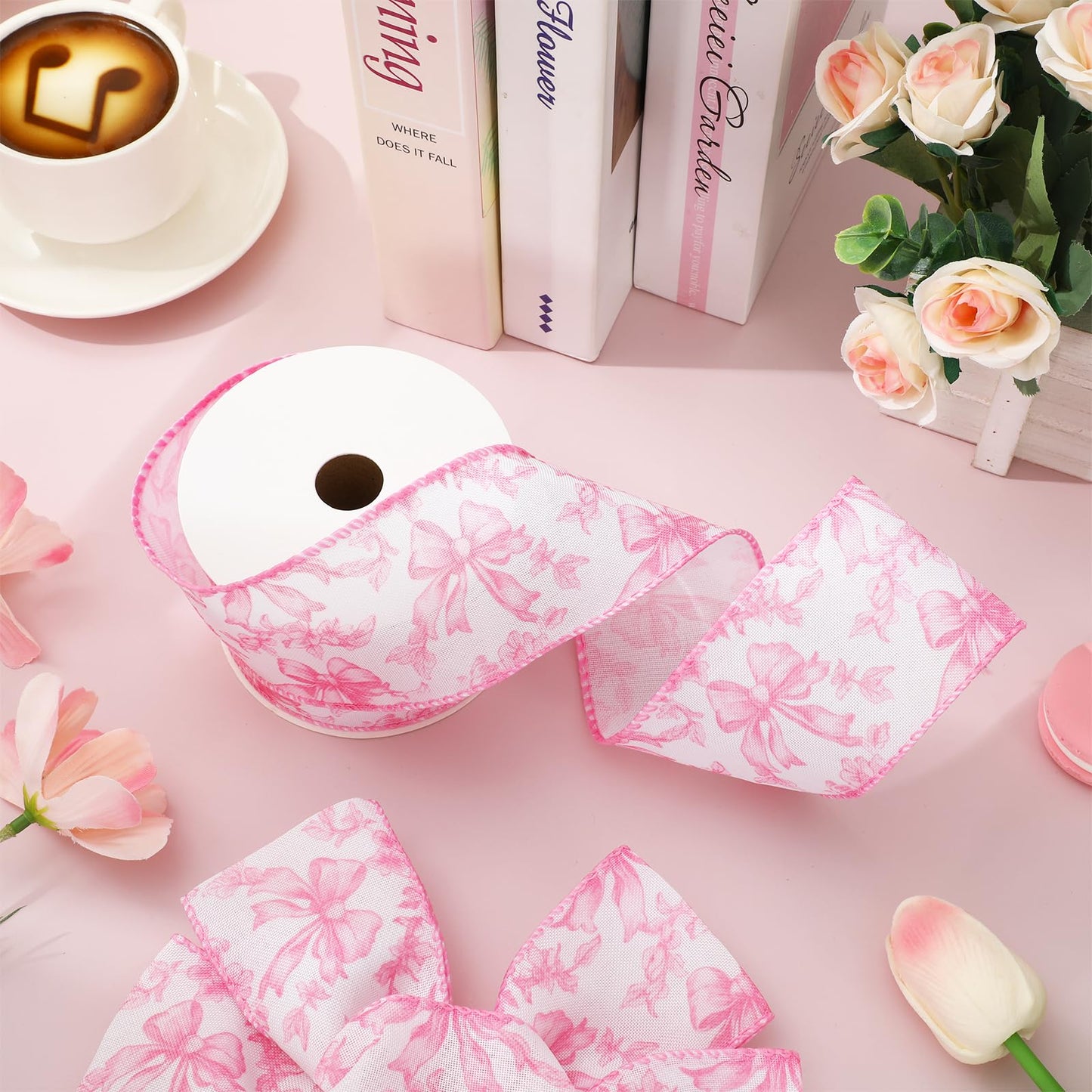 JarThenaAMCS Pink Floral Bow Wired Edge Ribbon Chinoiserie Flower Bowknot Fabric Ribbon for DIY Crafts Wreath Bow Making Supplies, 12 Yard