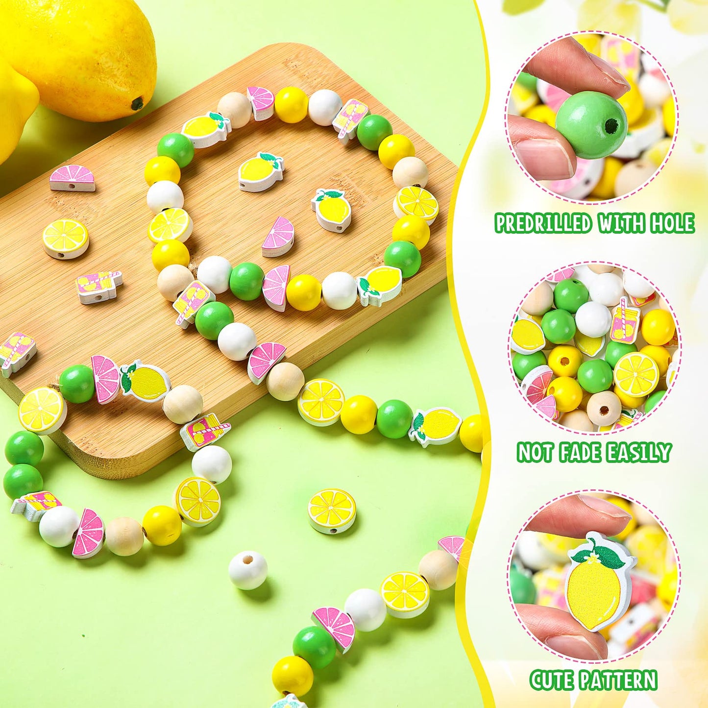 Chunful 160 Pcs Lemon Wooden Beads Bulk 16 mm Yellow and Green Lemon Shaped Beads Summer Fruit Natural Round Beads Lemonade Spacer Wood Beads with Rope for Making DIY Crafts Farmhouse Home Decor
