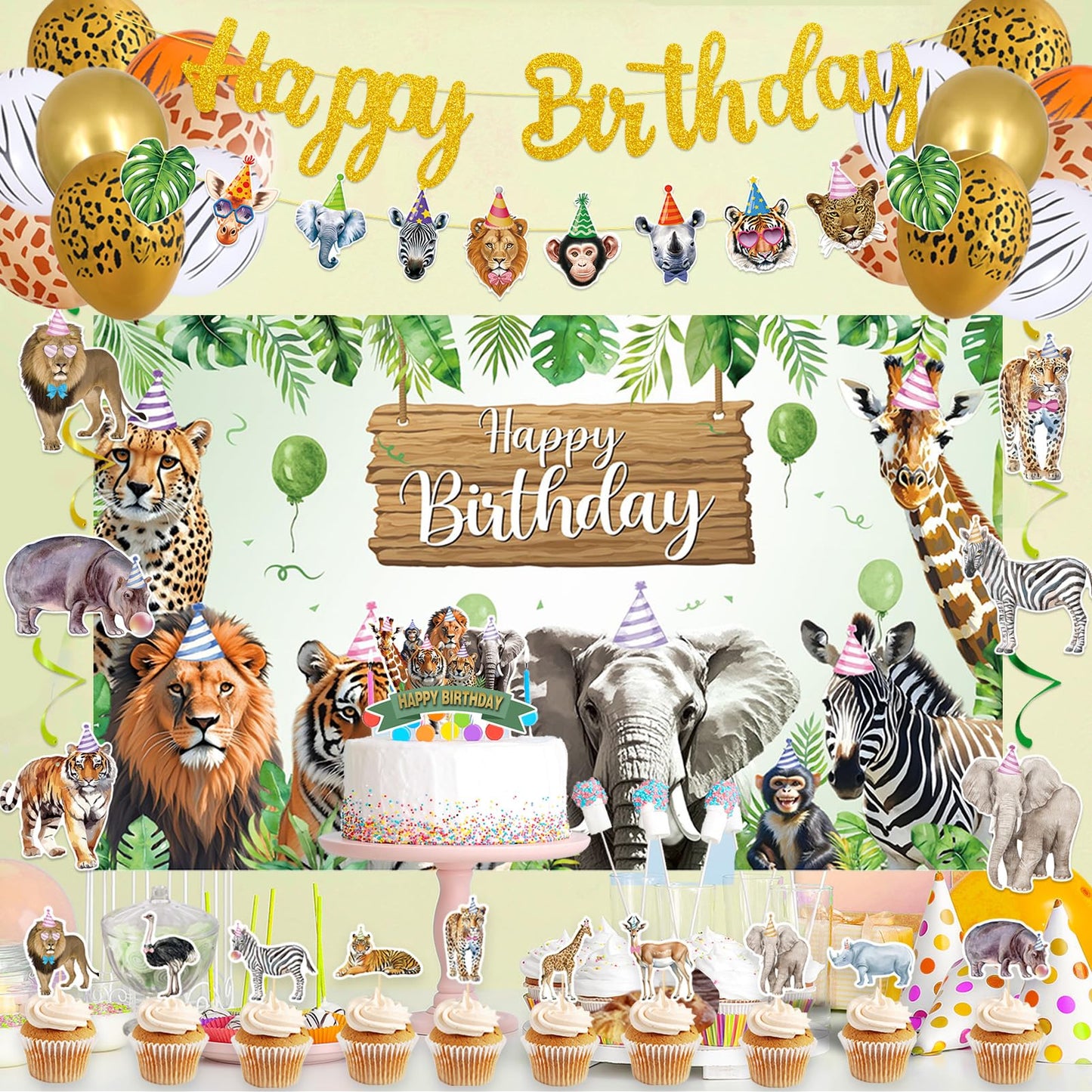 Roetyce Safari Animals Birthday Party Decorations, Jungle Wild Animals Happy Birthday Banner Balloons Hanging Swirls Cake Topper Kit, Safari Themed Birthday for Kids Photo Background Backdrop