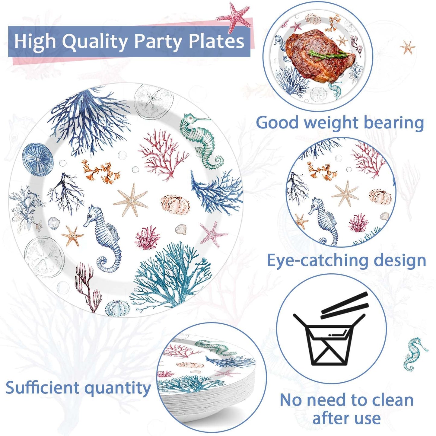 96Pcs Seashell Party Supplies Ocean Beach Birthday Plates and Napkins Blue Coastal Seashell Tableware Beach Disposable Dinnerware for Wedding Baby Shower Birthday Party Decorations for 24 Guests