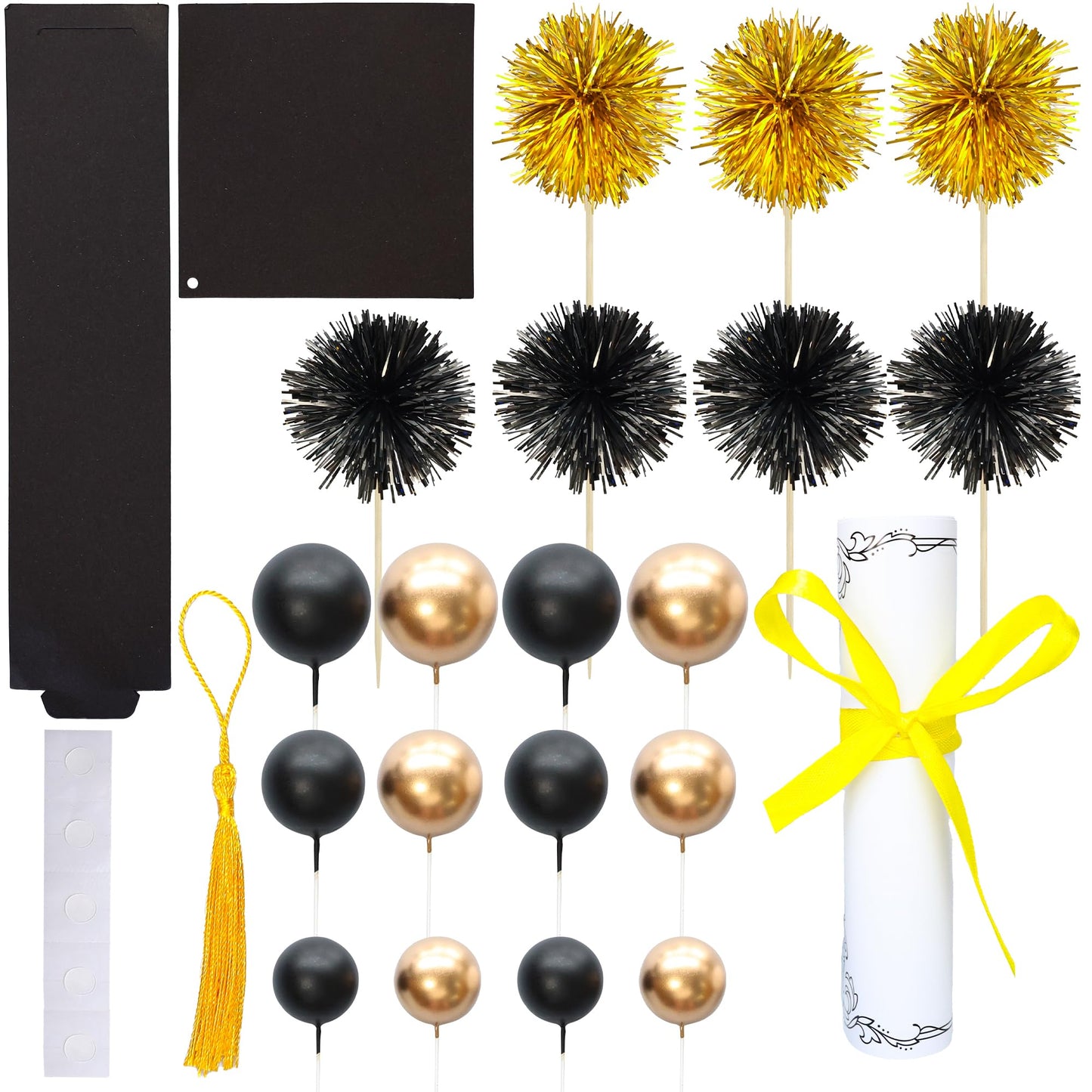Gyufise 42Pcs 2026 Graduation Cake Kit Diploma Grad Cap Cake Pick Balloon Tassel Firework Cupcake Toppers Prom 2026 Cake Decorations for Class of 2026 Congrats Grad Party Supplies Black Gold