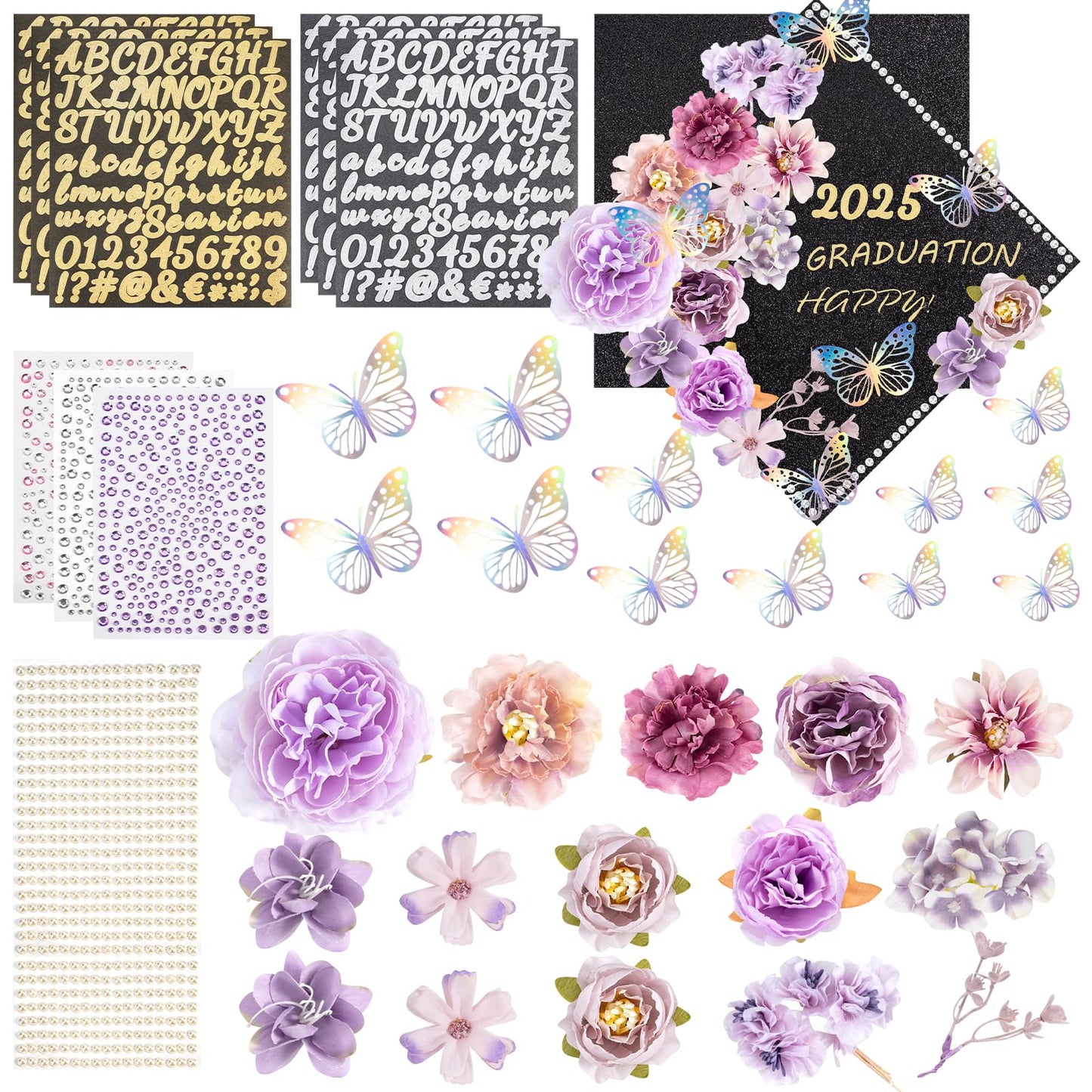 DIY Graduation Cap Decoration Kit, Purple Grad Cap Topper Supplies with Faux Flowers, 3D Butterflies, Rhinestones, Pearl Stickers, Alphabet Stickers and Glitter Paper for 2025 Graduation Party Decor