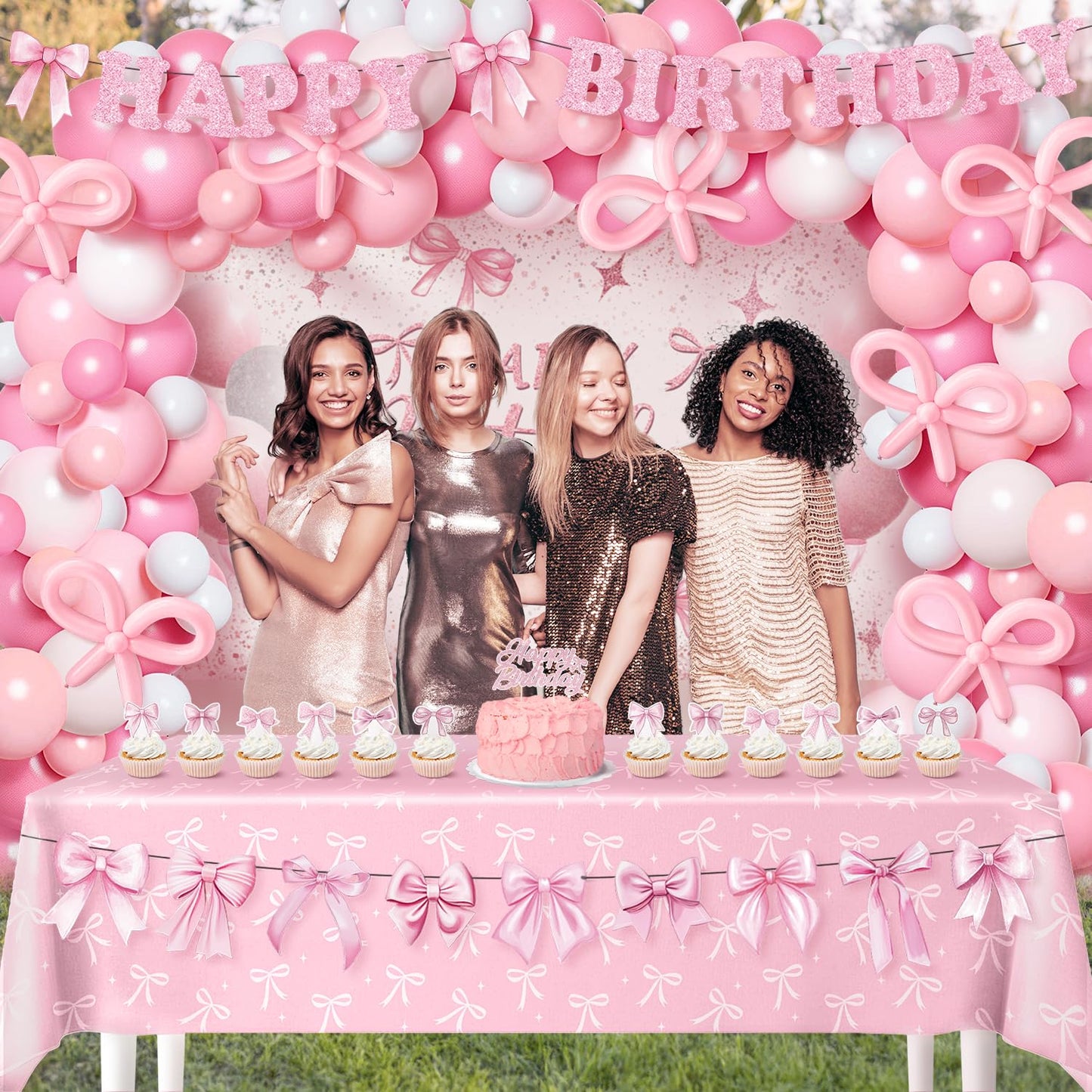 Pink Bow Coquette Birthday Decorations for 24 Guests, Party Supplies with Plates, Napkins, Cups, Balloon Garland Arch, Happy Birthday Banner, Tablecloth, Backdrop, Cake & Cupcake Toppers