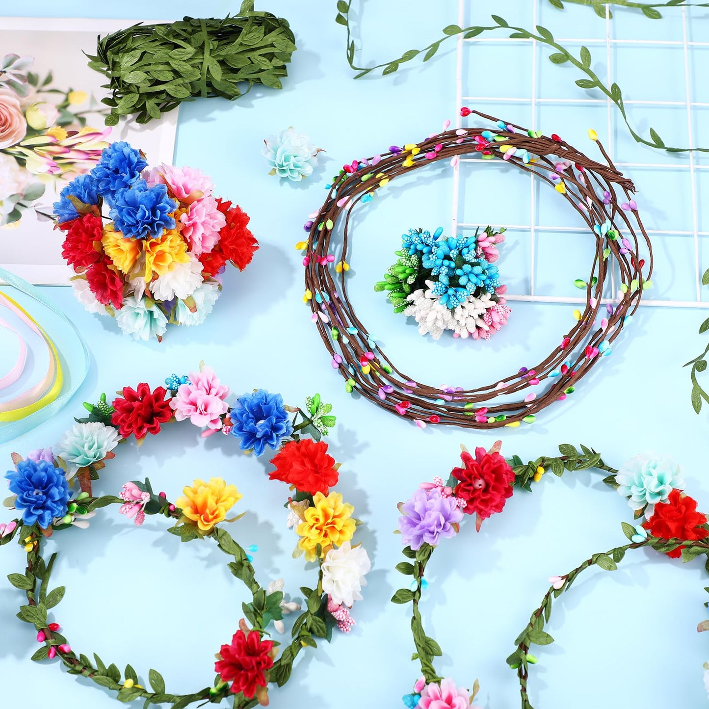 Zeyune 20 Sets Spring Tea Party Favor Flower Crowns Making Kit, Make Your Own Flower Crown Wreath Garland Headbands Craft Kit Handmade DIY Fairy Floral Hair Accessories Gift for Women