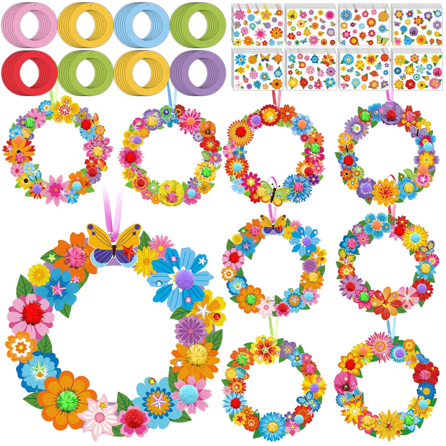 Hollowfly 48 Sets Flower Wreath Craft Kits DIY Summer Hanging Ornaments Decoration Make Your Own Floral Paper Craft with Stickers for Spring Summer Party Favors Seasonal Activities Supplies