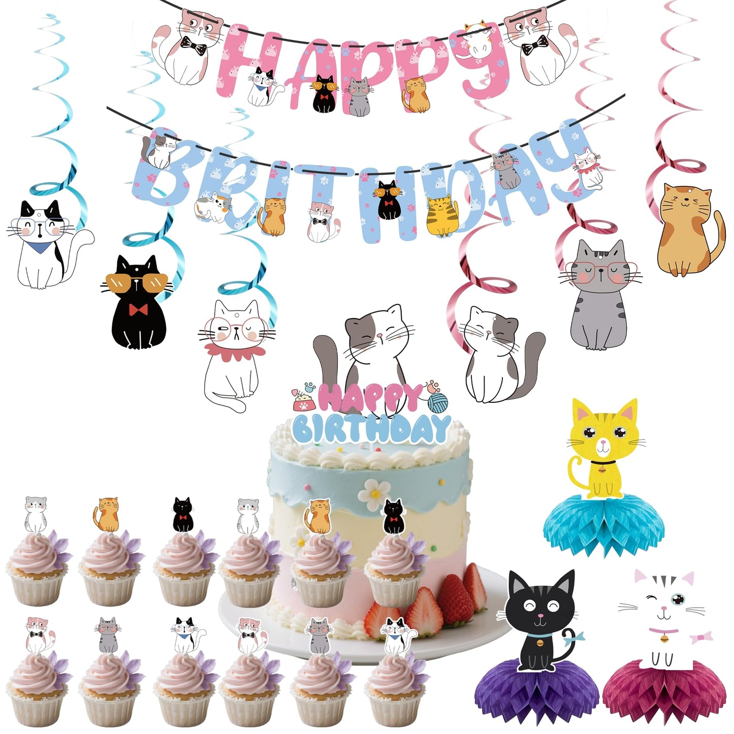 Cat Theme Birthday Party Supplies,15 PCS Happy Birthday Banner-NO DIY,6 Hanging Cutouts,6 Hanging Swirl Decor,1 Cake Topper,12 Cupcake Toppers,3 Birthday Honeycomb Party Decoration