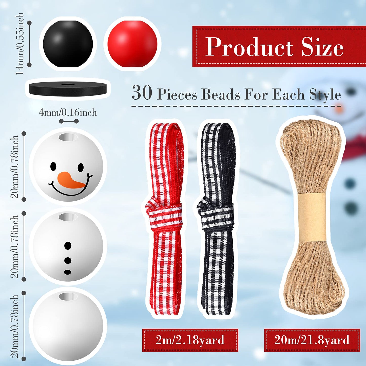 180 Piece DIY Christmas Crafts for Adults Snowman Wooden Bead for Crafts Winter Wooden Bead Christmas Buffalo Plaid Wood Round Print Beads with DIY Twine Scarf (Vivid Color)
