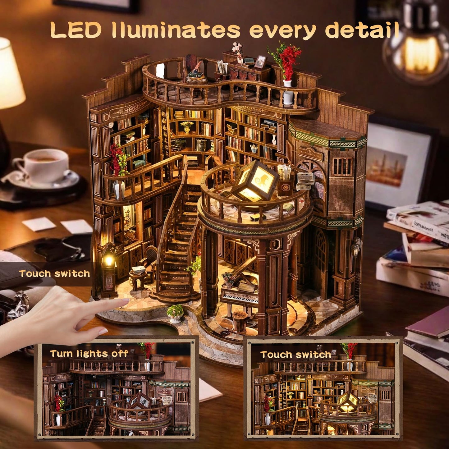 3DVASE Book Nooks for Adults, DIY Miniature Dollhouse Book Nook Kit, Model Kits Craft Kits for Adults, 3D Wooden Puzzle Book Nook Craft Bookshelf Decor, Adult Craft Kits Gift with Led Light
