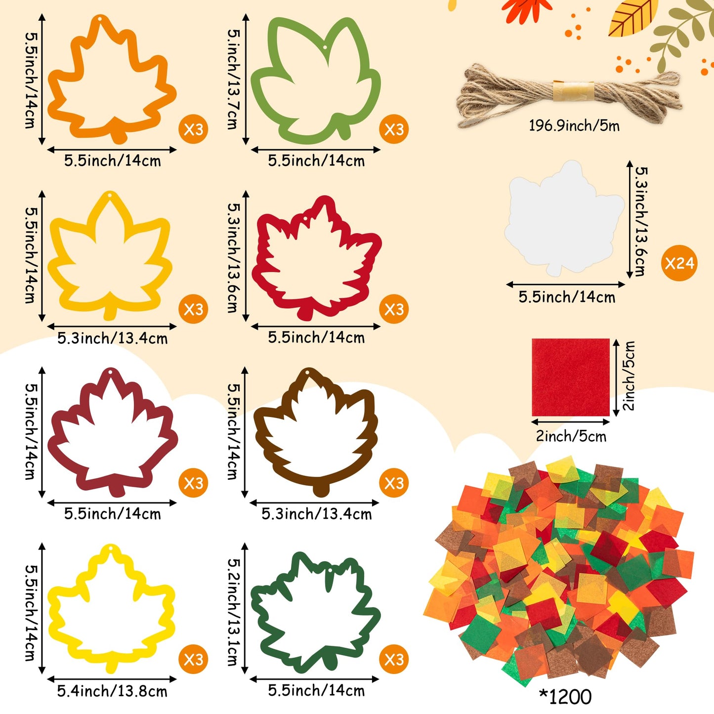 CJiangpo 24 Sets Fall Maple Leaves Suncatcher Paper Craft Kits, DIY Stained Glass Effect Window Ornament Rainbow Tissue Paper Art Craft Classroom Activities Supplies Thanksgiving Party Decor