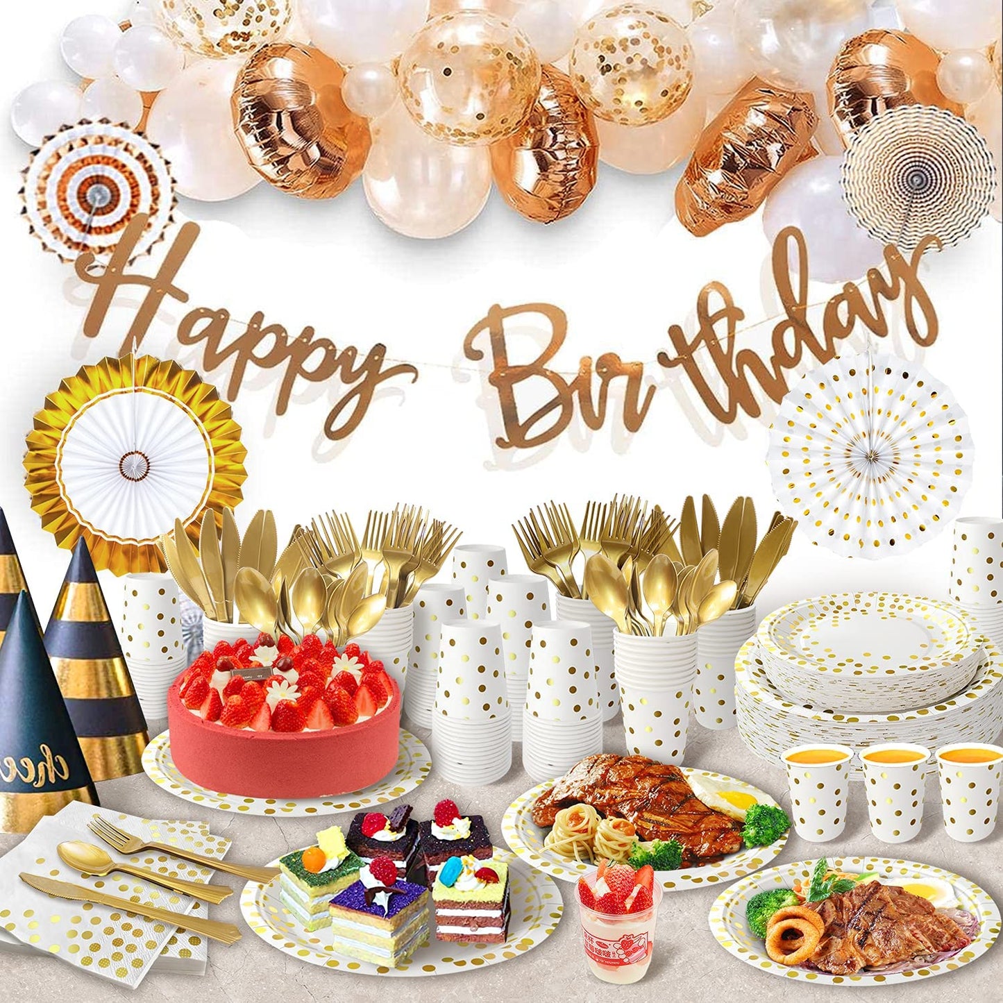 AIRE 175PCS White and Gold Paper Plates Party Supplies for 25 Guests Disposable Decorations Dinnerware Golden Dot Paper Plates Napkins Cups Gold Plastic Forks Knives Spoons for Mothers Day Birthday