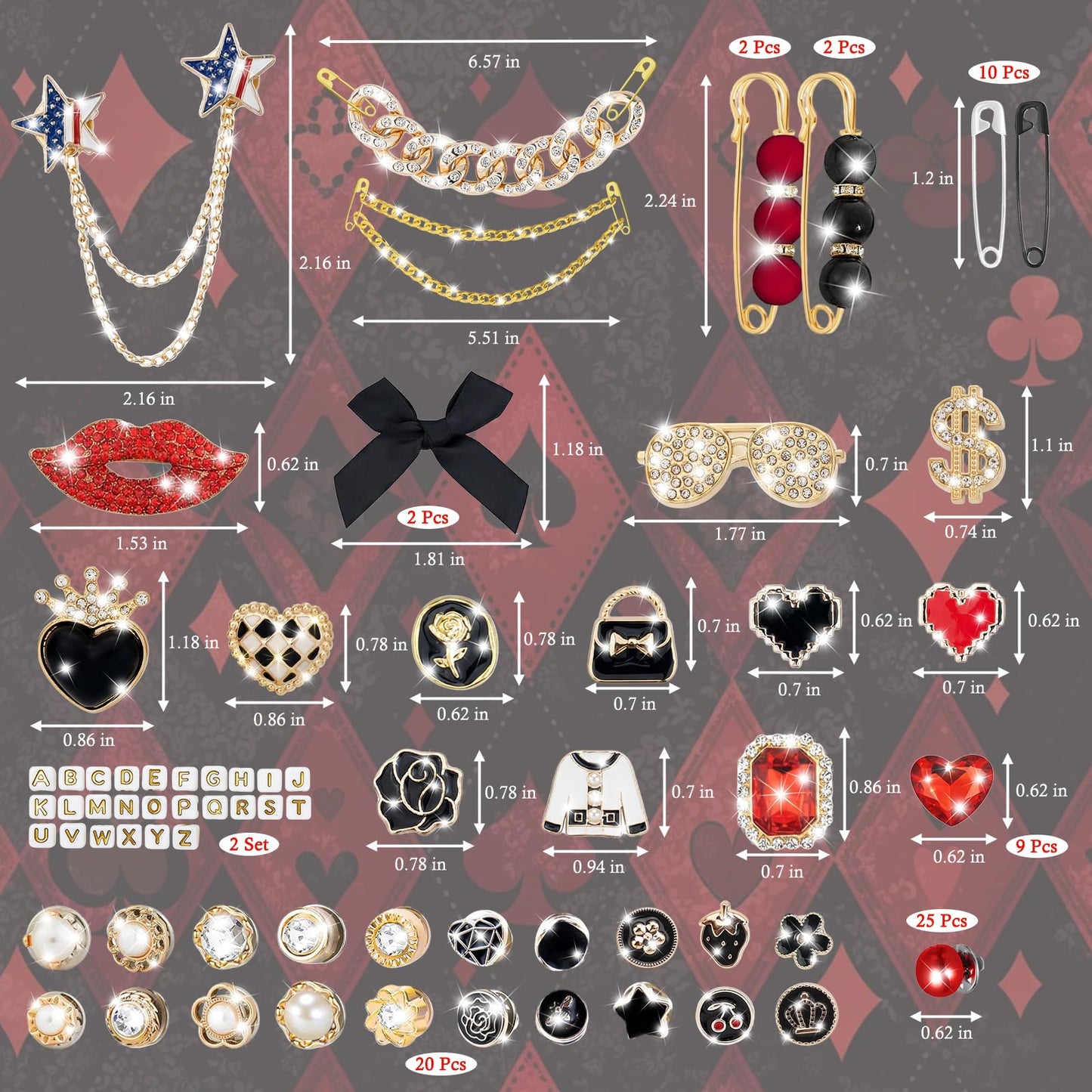 Auliand 137 Pcs Junk Socks Charms Kit, Brooches and Pins for Women, Shoe Charms with Pearl Safety Pins and Brooch Buttons, Teen Girl DIY Accessories for Decorating Socks, Clothes (Black & Red)
