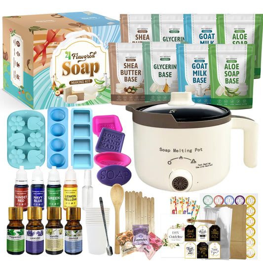 LFISGNN Soap Making Kit with 4 Flavored 4.4 lbs Soap Base, DIY Soap Making Supplies Kits for Adults with Soap Melting Pot, Soap Base (Shea Butter, Glycerin, Aloe, Goat Milk) and 5 Soap Molds