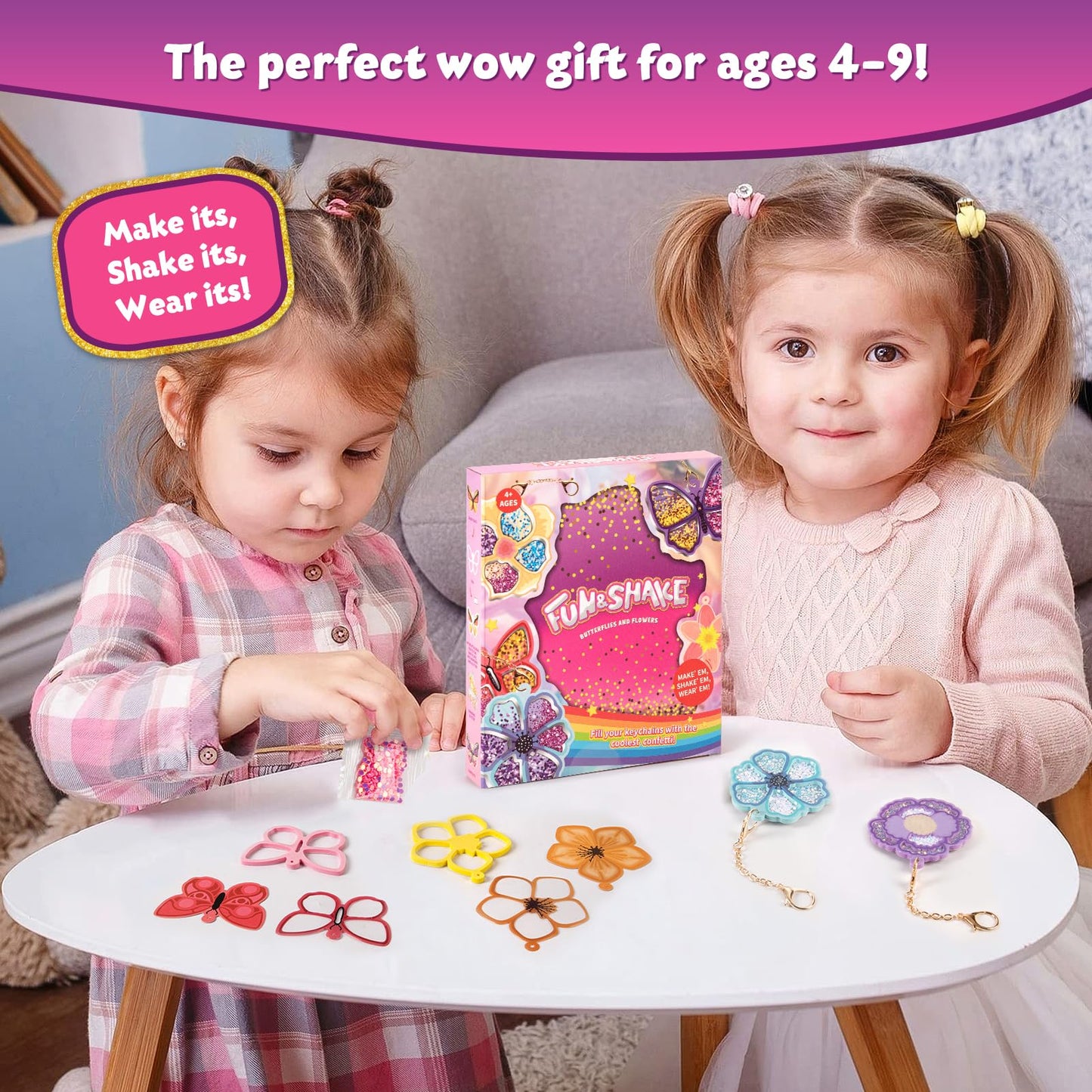 Shake-its Glitter Craft Kits, DIY Art Kit for Kids - Fun Shake Art Supplies, Creative Arts and Crafts Activity Gifts for Girls & Boys Ages 4 5 6 7 8 9 (Flowers & Butterflies)