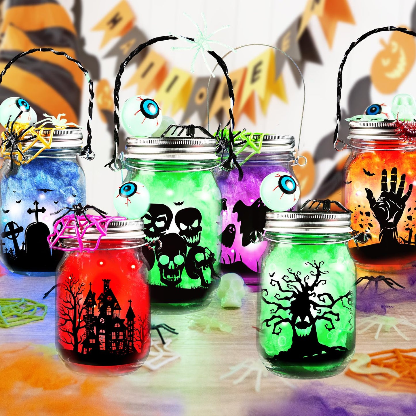 Shemira Halloween Craft Kit for Kids,8 pcs Glass Mason Jar with Accessories for DIY Lantern Jar, Halloween Art & Craft Party Supplies, Halloween Art Activities, Crafts and Arts Party Supplies