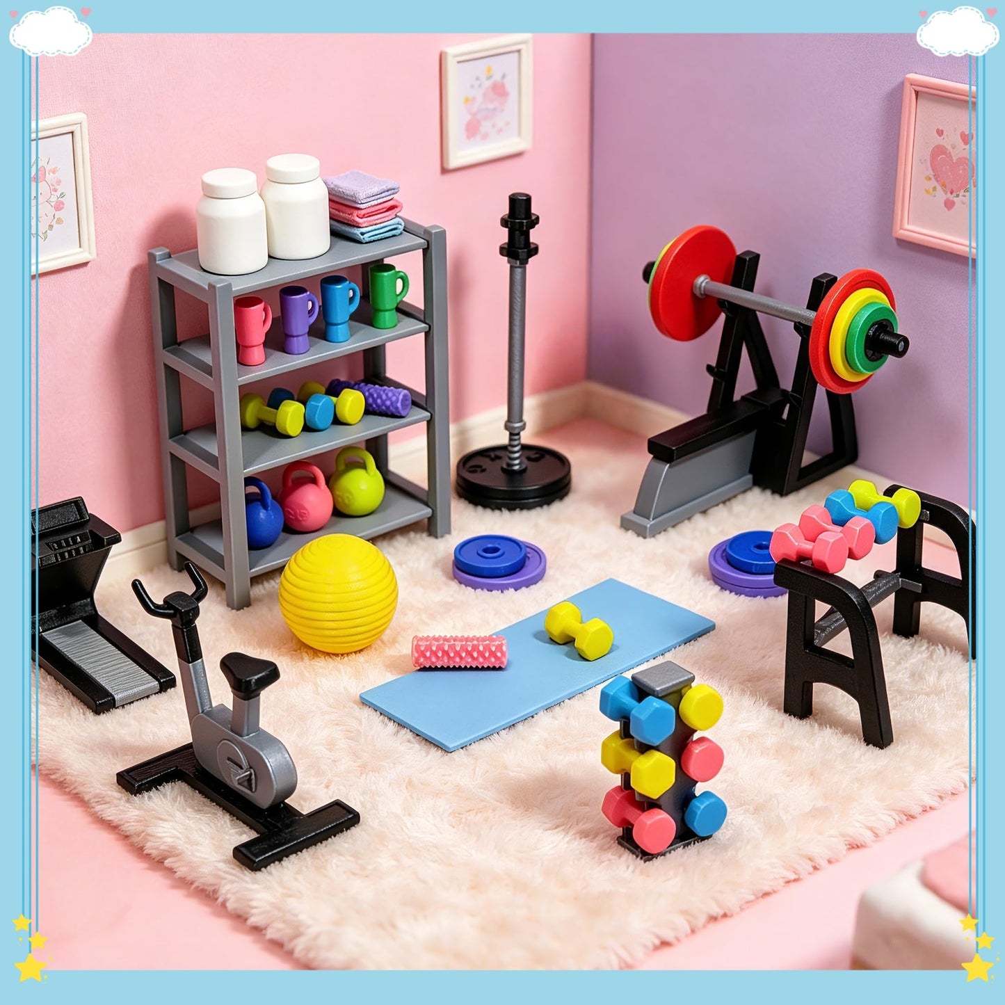 Miniature Gym Equipment Set, Plastic Mini House Fitness Accessories, Miniature Workout Room with Treadmill Exercise Bike Dumbbells for Miniature House Decor Micro Landscape DIY Crafts