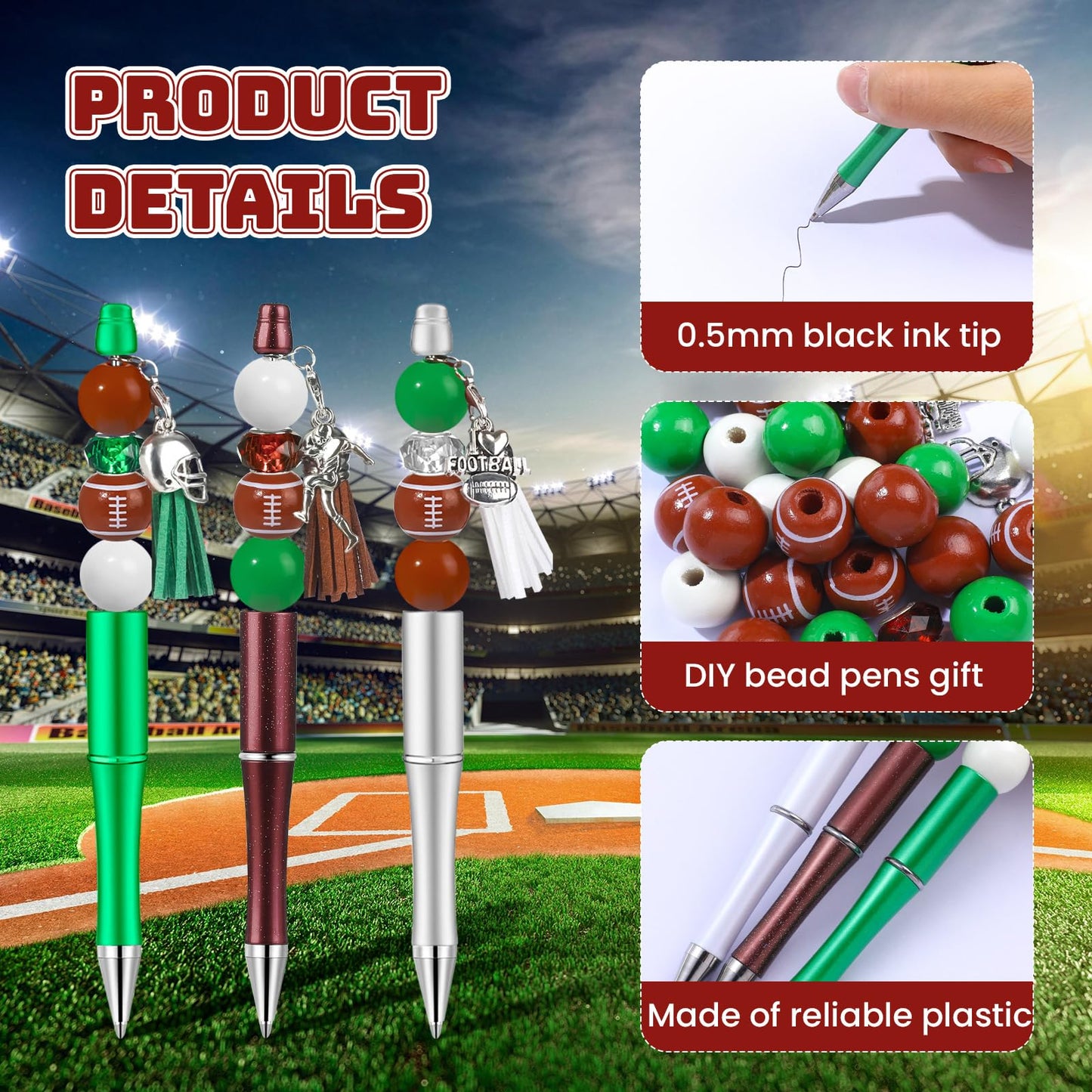 NEWEST 12 Pieces Sports Beadable Pens Plastic Football Bead Pens Included 48 Beads 12 Tassels 12 Pendants Football Beads Pen DIY Making Kit Beadable Ballpoint Pen for Gifts School Office Supplies