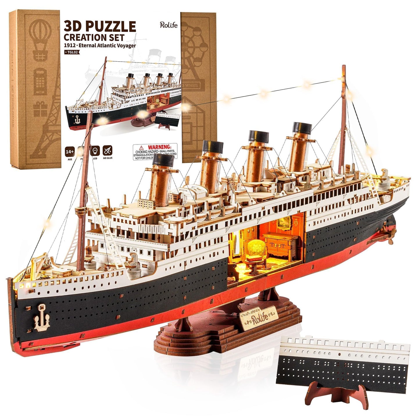 Rolife 3D Wooden Puzzles for Adults with LED Lights, 433 Pieces 19.5" Titanic Model Ship Kits for Adults, DIY Craft for Home Decor & Unique Birthday Valentine's Day Gift