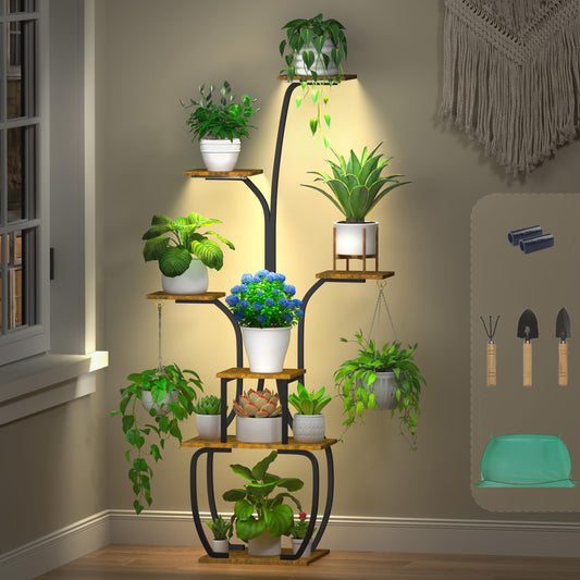 YIIHEERR Plant Stand Indoor with Grow Lights, 7 Tiered 55" Tall Plant Shelf, Heavy Duty Metal Corner Flower Pot Holder Rack, Multi-Tiered Display Organizer with Gardening Tools