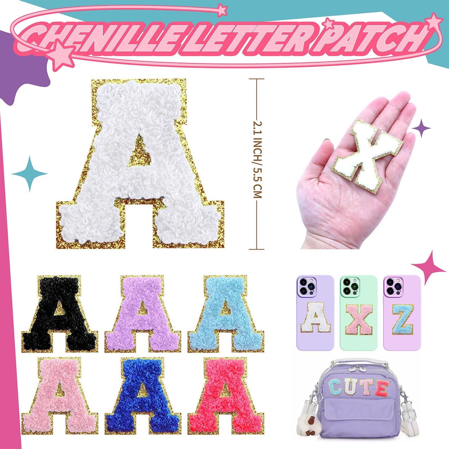 WNSIRVY 52 Pcs Chenille Letter Patches Self Adhesive Iron On Patches for Backpacks, 2.17 Inch Glitter Letter Stickers Preppy Varsity Chenille Patches for Clothing Jackets Hat Laptop (White Letters)