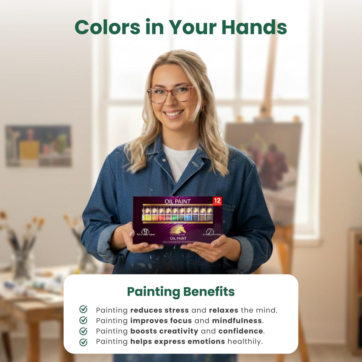 MyArtscape Oil Paint Set, 12 Colors, 12 x 0.4 fl oz (12 ml) Tubes, Lightfast Heavy Body High Pigment Oil Paints, Non Fading Vibrant Colors, Artist Quality Professional Painting Supplies