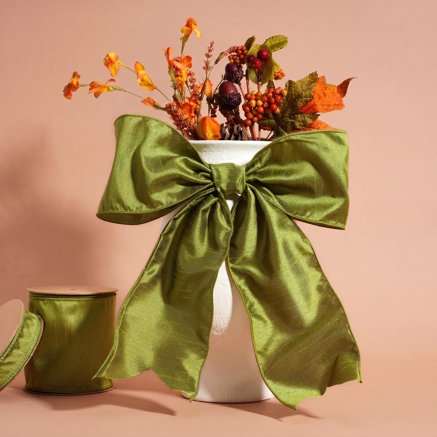 LaRibbons Moss Green Ribbon Wired 4 Inch x 10 Yards Dupioni Ribbon with Wired Edge for Wreaths, Bows and DIY Decorations