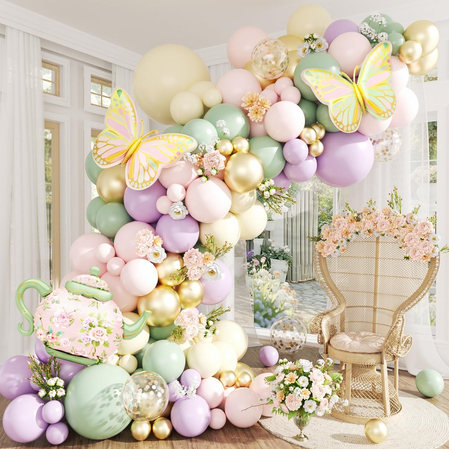 Tea Party Decorations Pastel Purple Pink Sage Green Gold Balloon Garland Arch Kit with Teapot Butterfly Foil Balloon for Tea Party Princess Birthday Spring Garden Baby Shower Bridal Shower Decoration