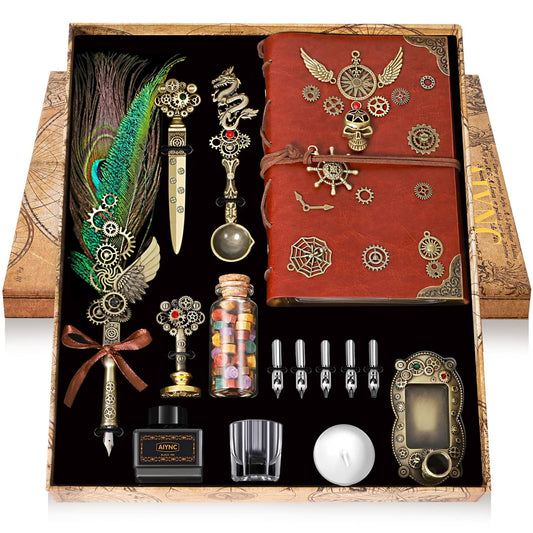 AIYNC Quill Pen and Ink Set, With Notebook Wax Seal Stamp Kit, Calligraphy Set for Writing Lovers, Valentine's Day and Birthday Gifts, Ideal for Holidays(Peacock Feather)