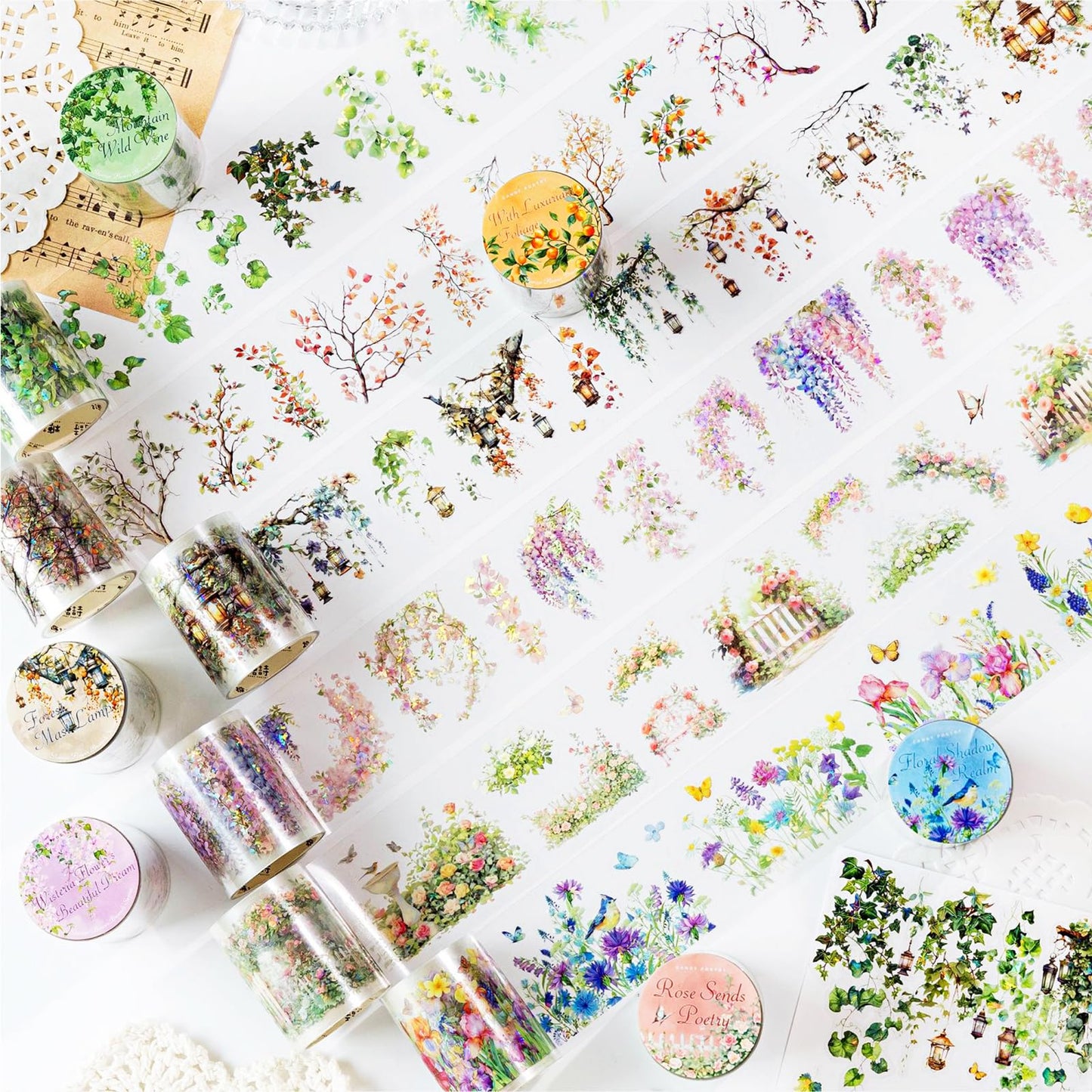 Funincloud PET Tape Stickers for Journaling 6 Rolls Pre-Cut Flower Washi Tape Stickers Decorative Tape for Crafts Scrapbooking Junk Journal Supplies, Flower Branch