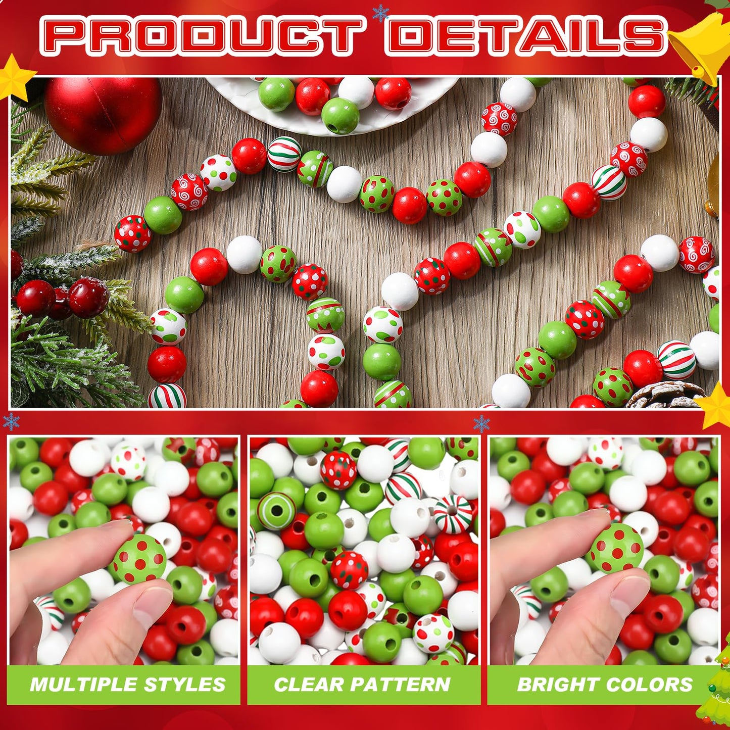 240 Pcs Christmas Wooden Beads Bulk for Crafts, Red and Lime Green Round Spacer Polka Dot Peppermint Swirl Beads for Jewelry Making DIY Garland Pen Holiday Xmas Tree Decor Ornament, 16mm, 9 Styles