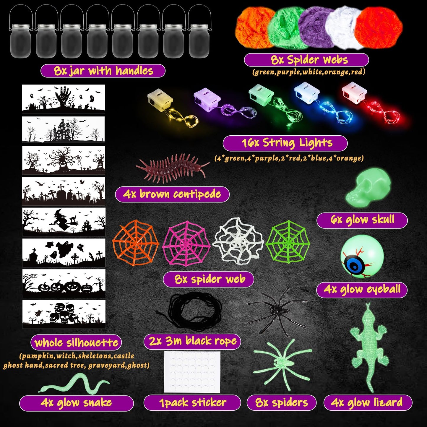 Letapapa Halloween Crafts for Kids, 8 PCS Mason Jar with Accessories for DIY Craft & Art Party Favor Supplies, Halloween Decoration Trick or Treating, Classroom Art Activities